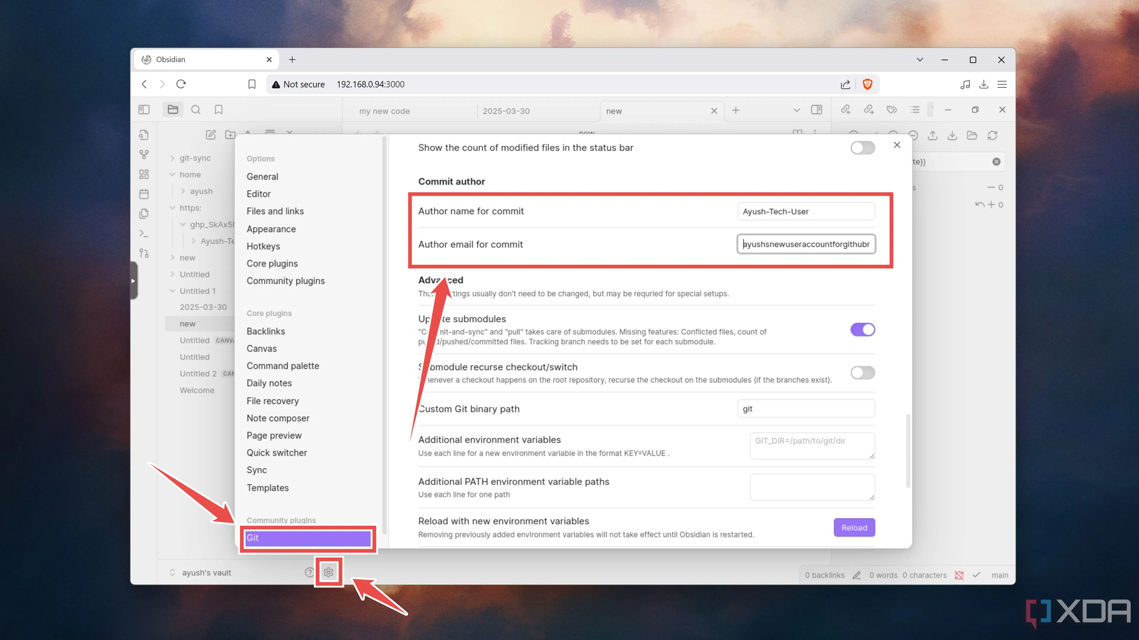 Nhập chi tiết tác giả (Username, Email) trong cài đặt Git của Obsidian