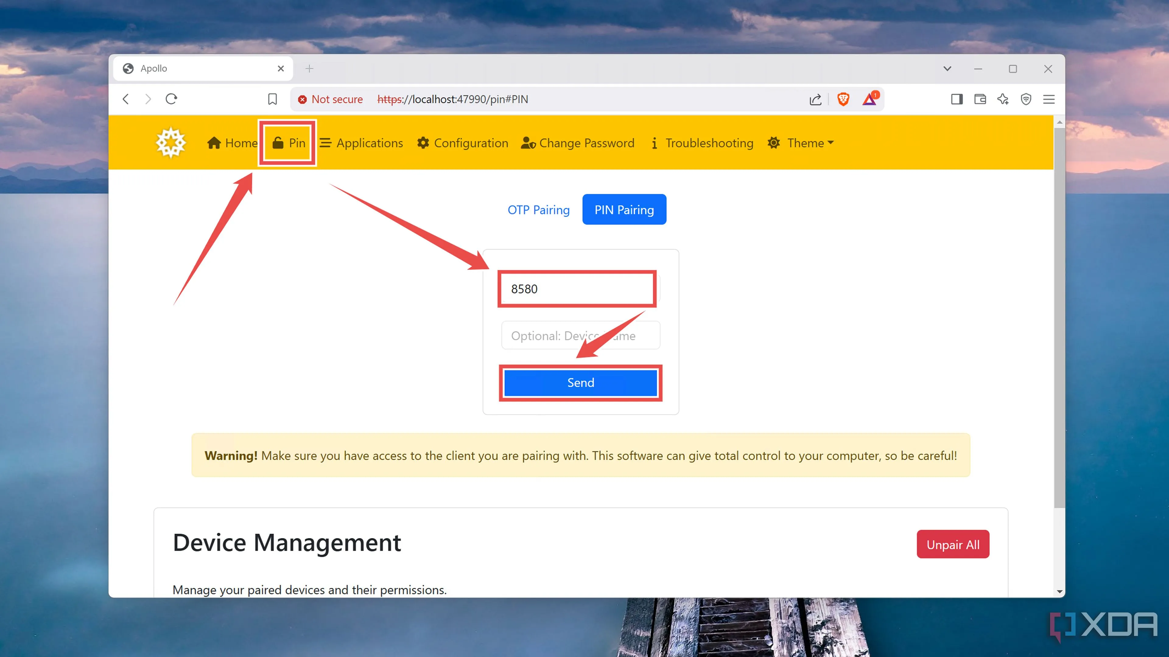 Nhập mã PIN 4 chữ số từ Artemis vào giao diện web UI của Apollo để xác thực