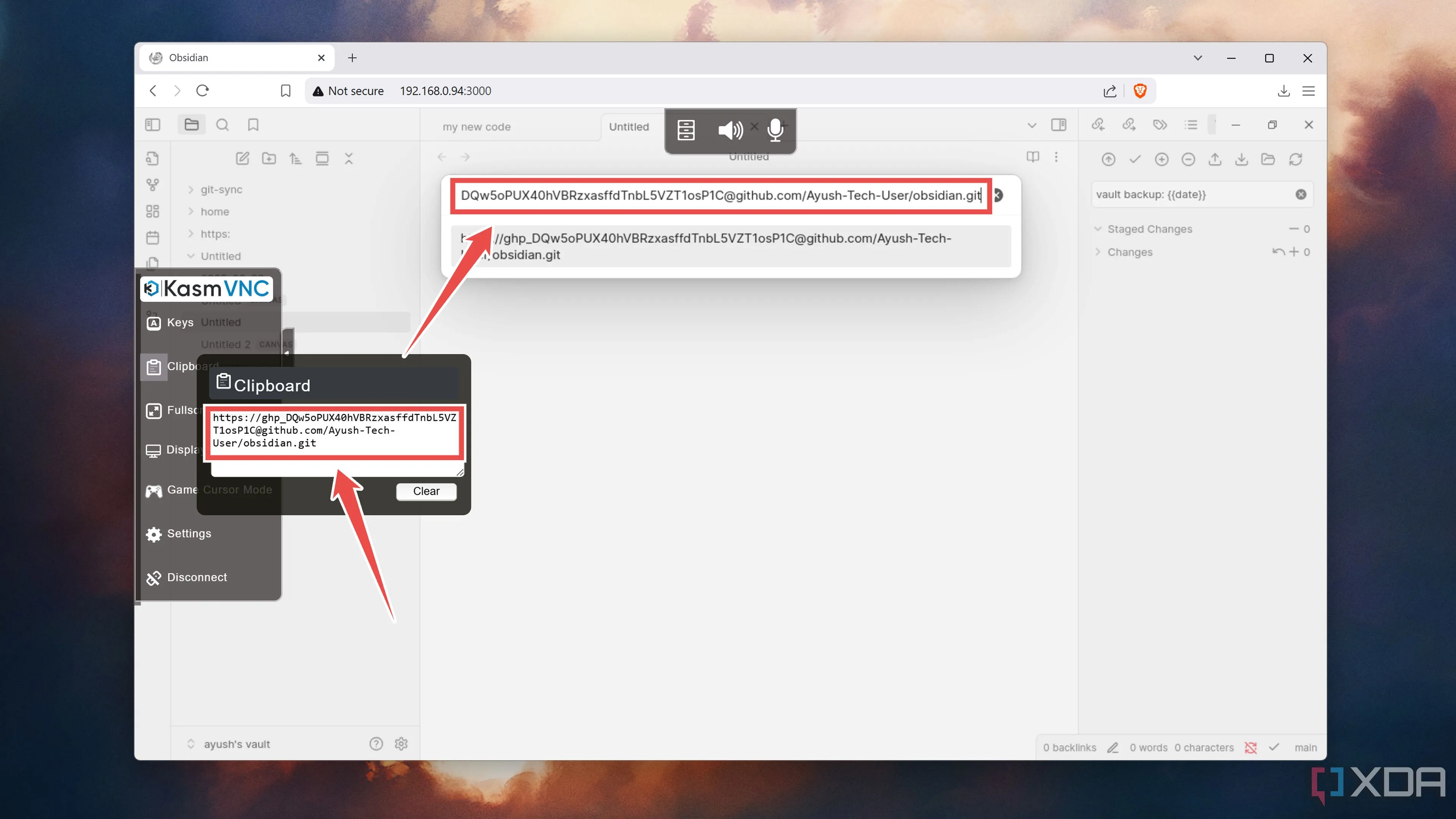 Nhập Personal Access Token và URL GitHub repo vào Obsidian để clone