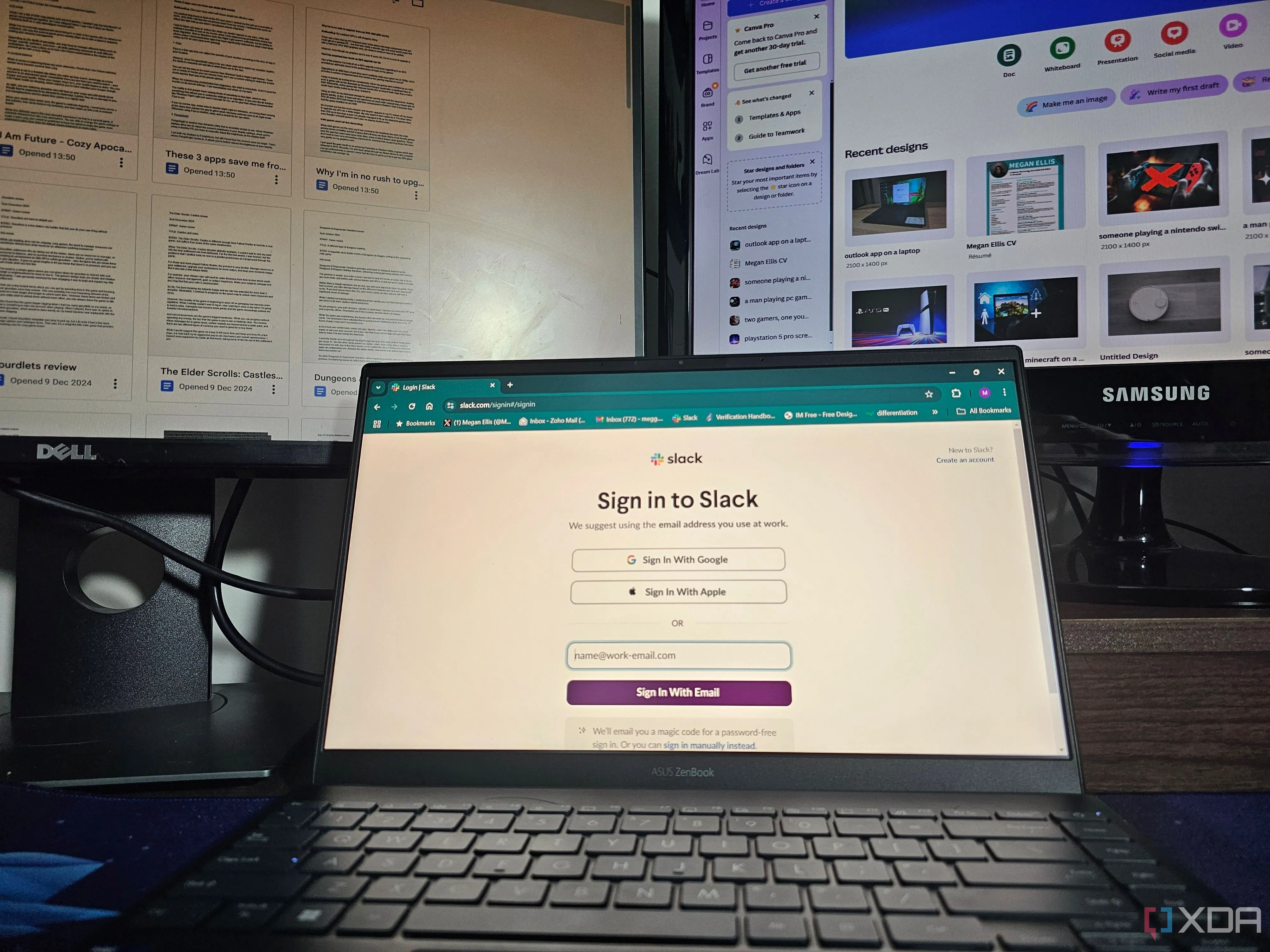 Nhiều màn hình hiển thị các trang web và ứng dụng khác nhau, minh họa khả năng quản lý ứng dụng hiệu quả trên thiết lập đa màn hình.