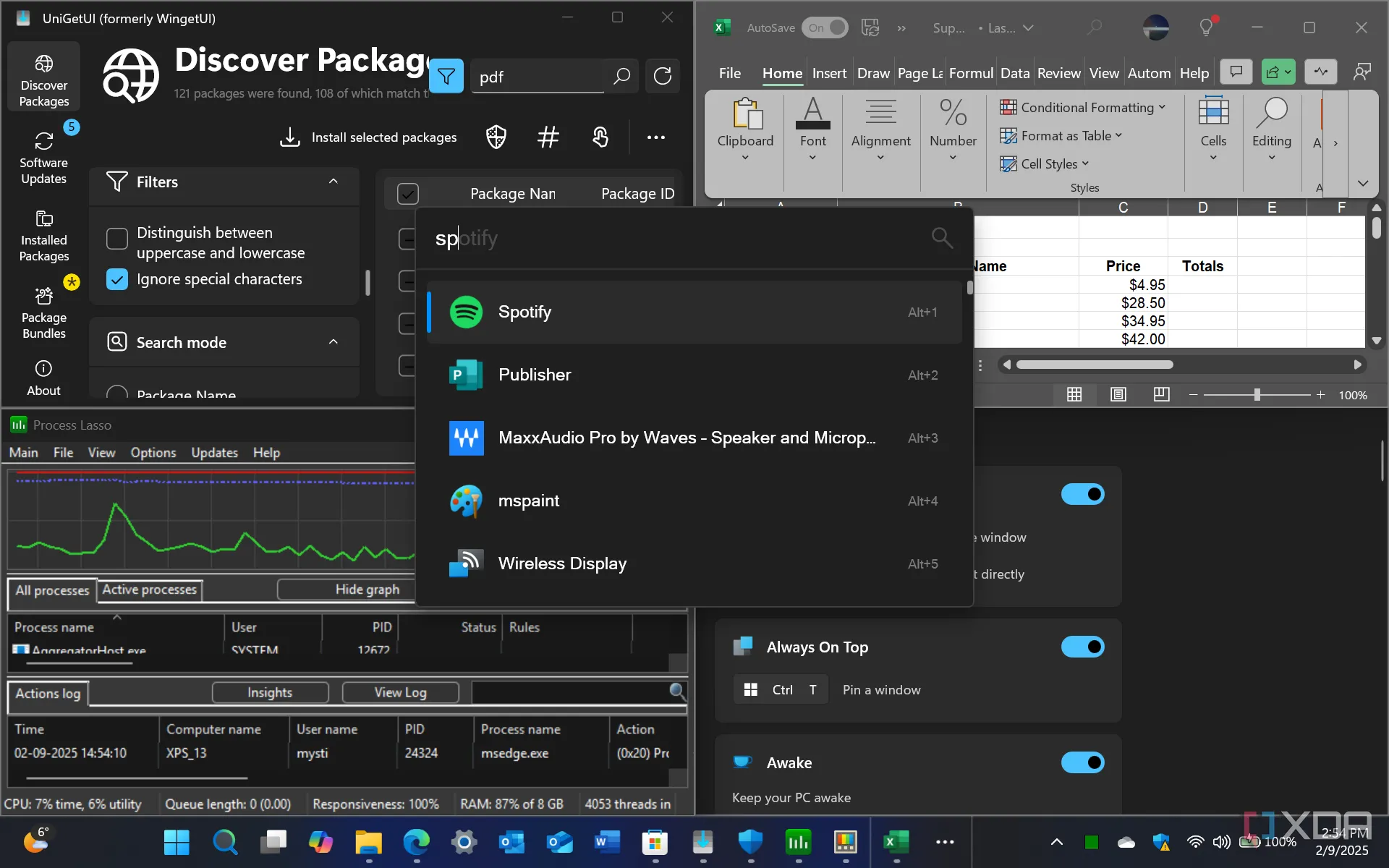 Nhiều ứng dụng như Excel, PowerToys và UniGetUI chạy đồng thời trên Windows 11, thể hiện khả năng đa nhiệm hiệu quả của RAM nhanh