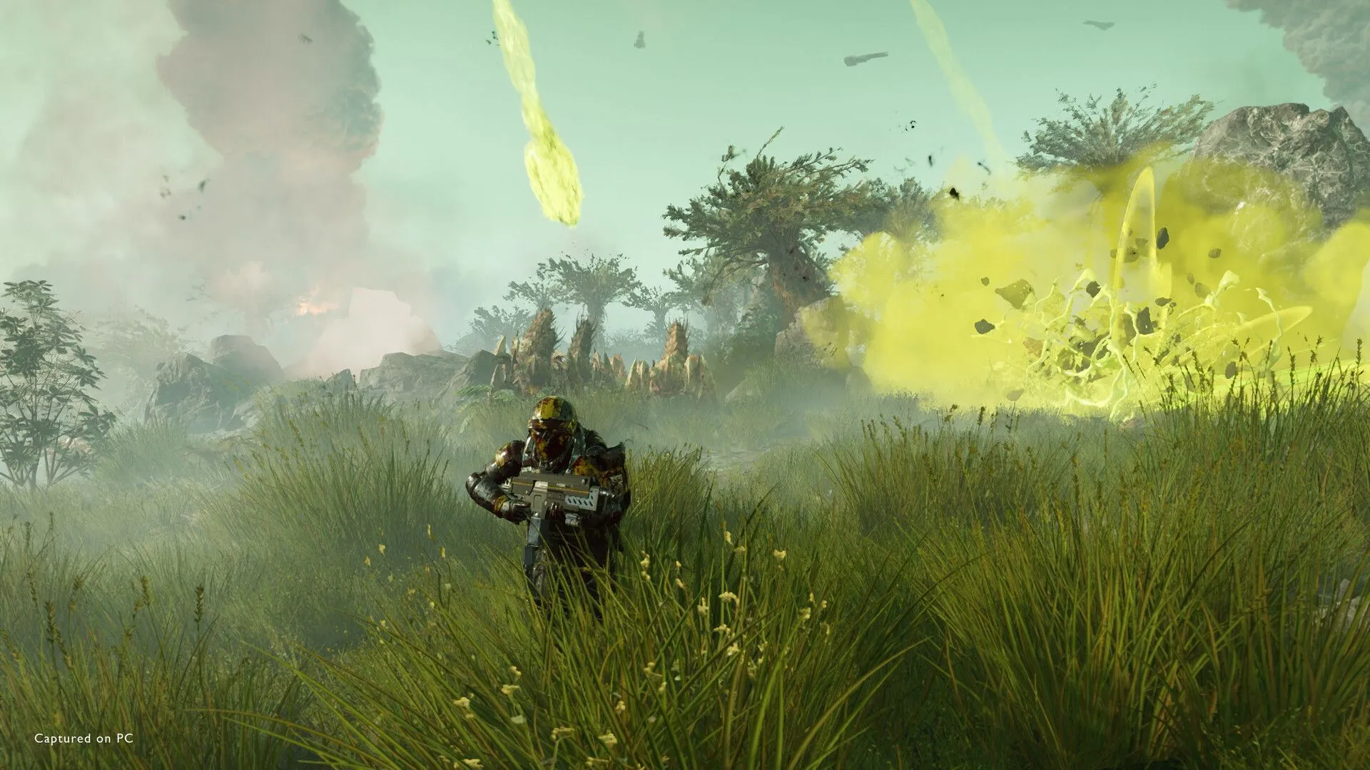 Nhóm Helldivers 2 cơ động qua cánh đồng cỏ xanh rì
