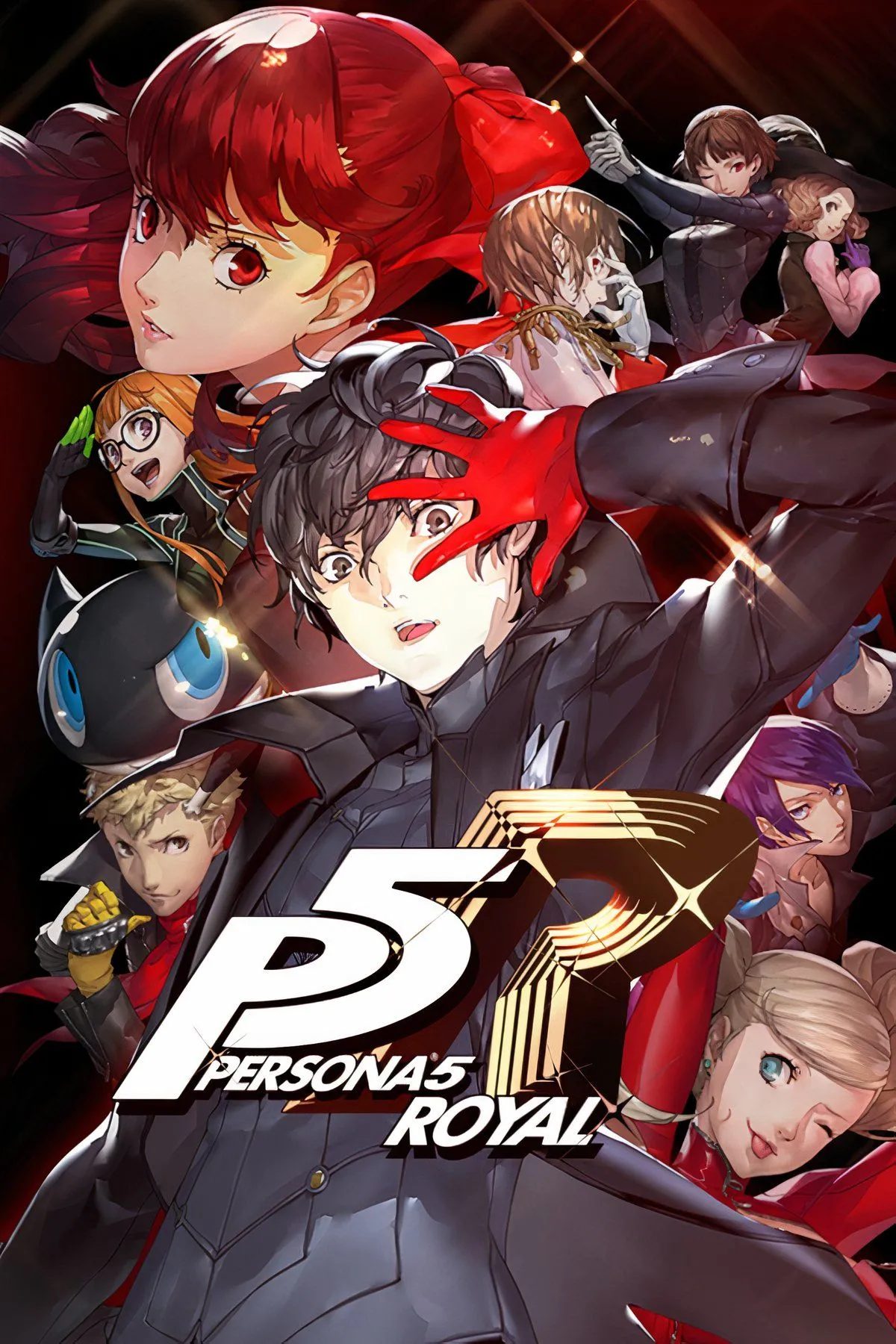Nhóm Phantom Thieves trong Persona 5 Royal tạo dáng trong một cảnh chiến đấu đầy phong cách, thể hiện đồ họa anime đặc trưng và hiệu ứng màu sắc rực rỡ.