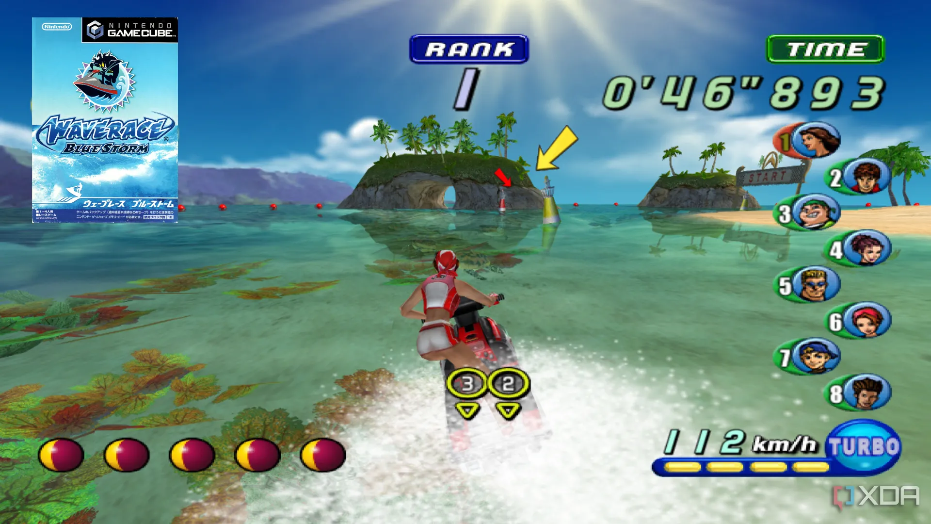 Nữ tay đua trên mô tô nước trong tựa game Wave Race: Blue Storm