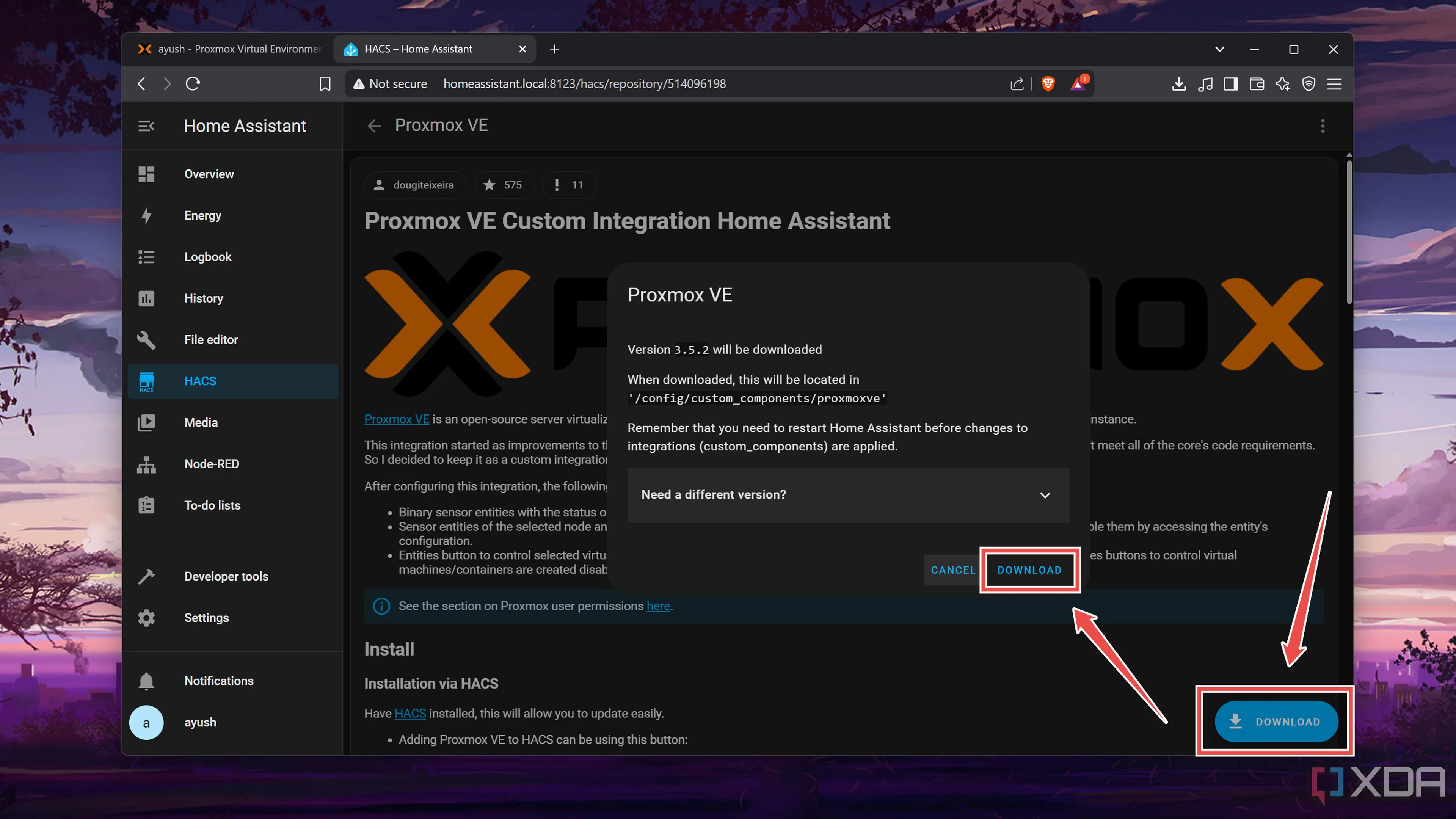 Nút 'Download' để tải xuống tích hợp Proxmox VE trong HACS