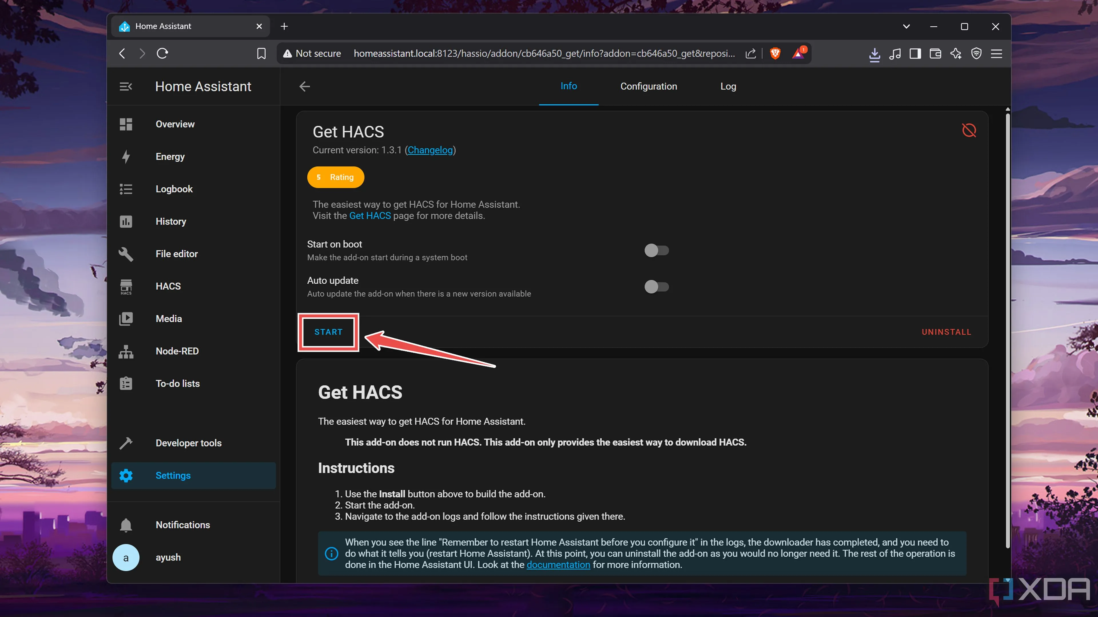 Nút 'Install' và 'Start' cho tiện ích bổ sung Get HACS trong Home Assistant
