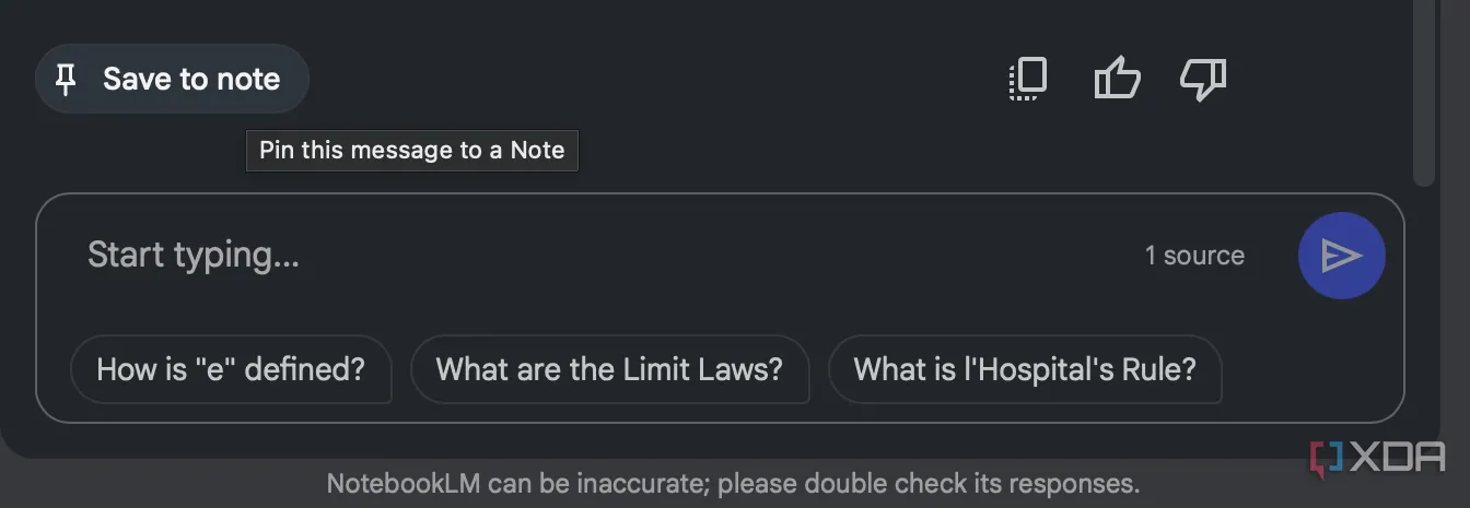 Nút &quot;Lưu vào ghi chú&quot; (Save to note) trong giao diện NotebookLM giúp bạn giữ lại các phản hồi quan trọng