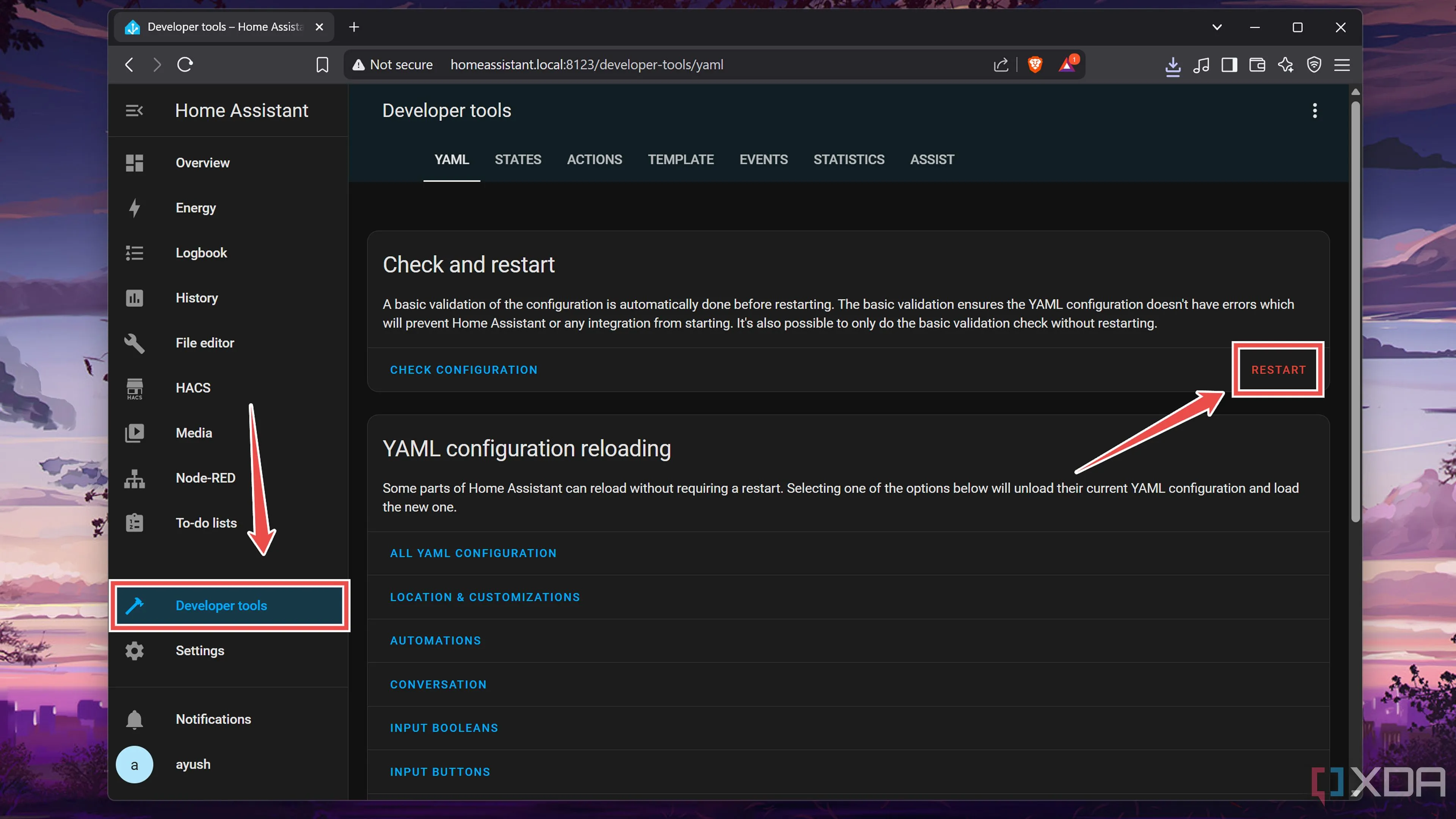 Nút 'Restart' trong Developer Tools của Home Assistant để khởi động lại hệ thống