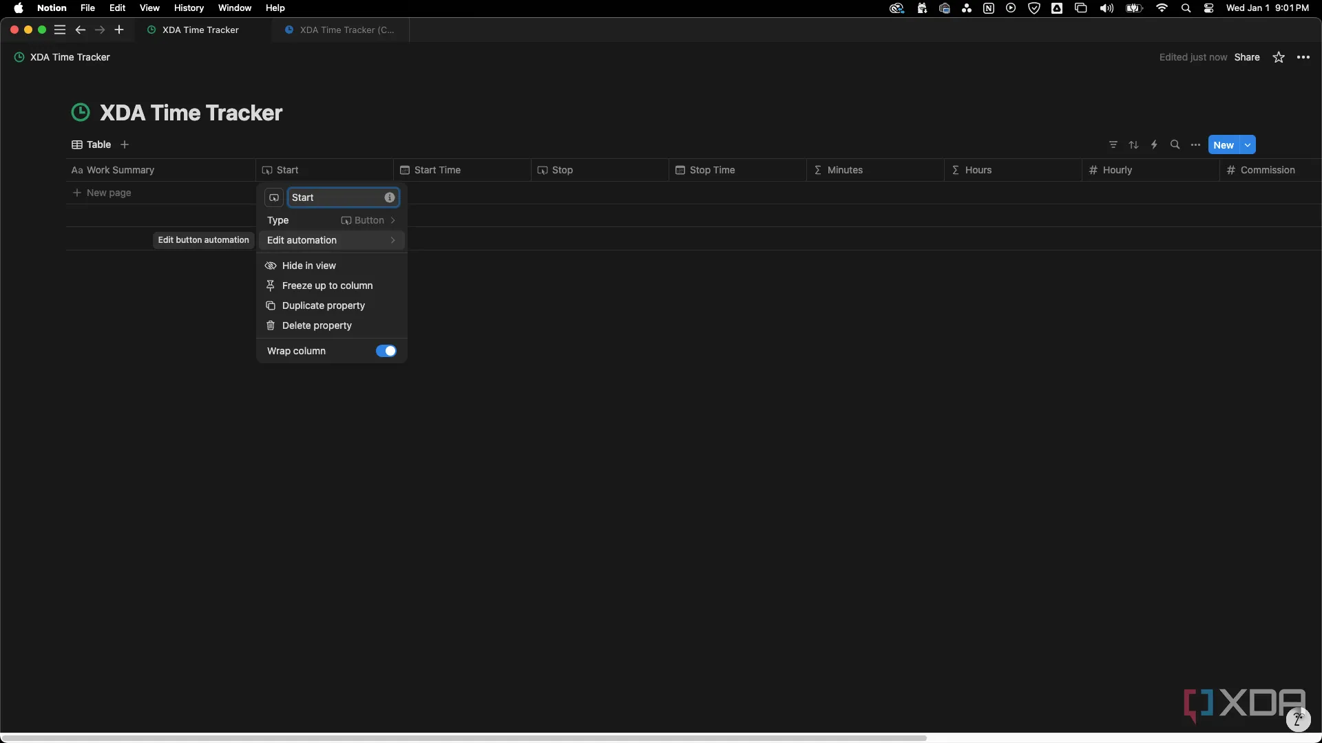Nút &quot;Start&quot; trong Notion và tùy chọn &quot;Edit automation&quot; để cấu hình tự động hóa