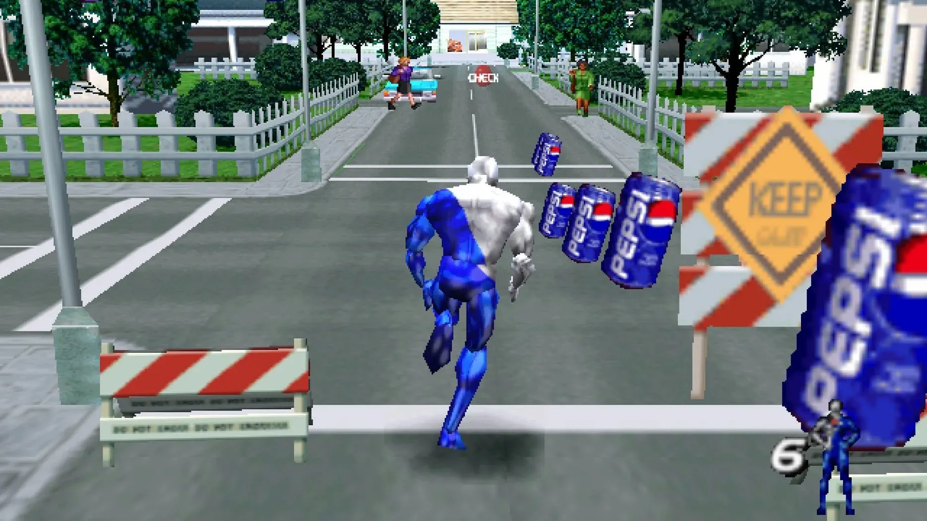 Pepsiman đang chạy trên đường phố và thu thập các lon Pepsi