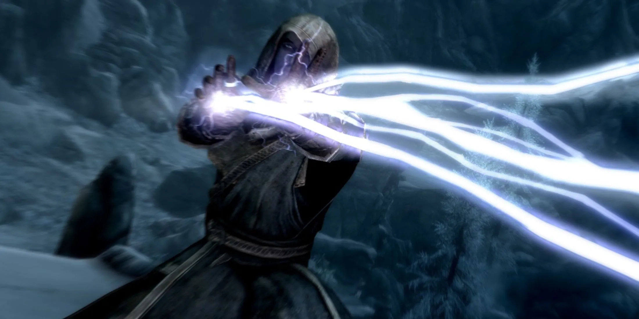Pháp sư sử dụng phép thuật trong game Skyrim, thể hiện hệ thống chiến đấu đa dạng
