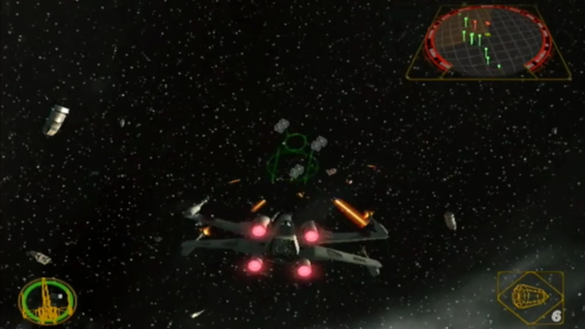 Phi thuyền X-Wing đối đầu với các TIE Fighter trong trận không chiến ấn tượng của Star Wars Rogue Squadron II: Rogue Leader