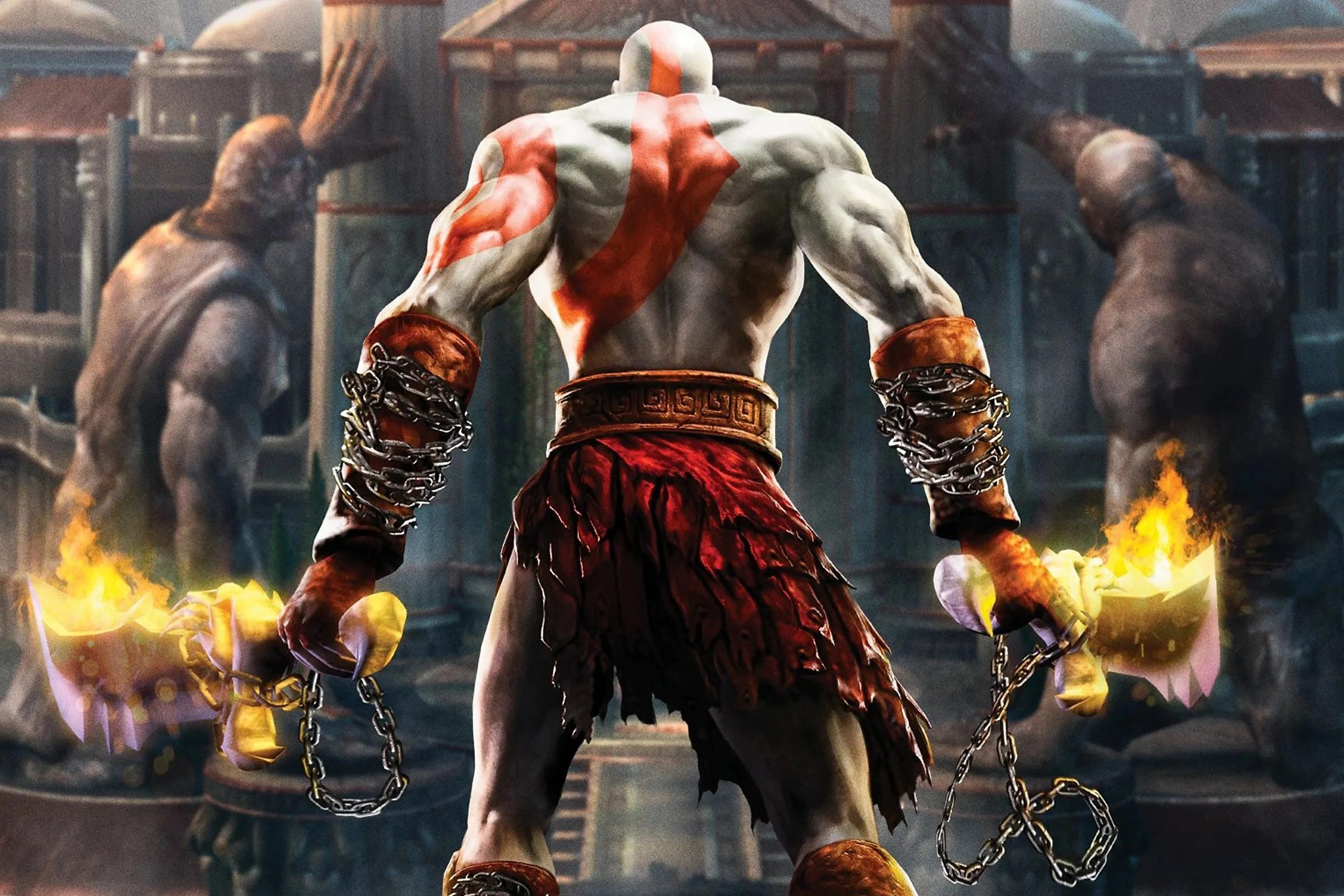 Poster của game God of War II với Kratos cầm Blades of Chaos, tượng trưng cho sức mạnh và sự báo thù của anh.