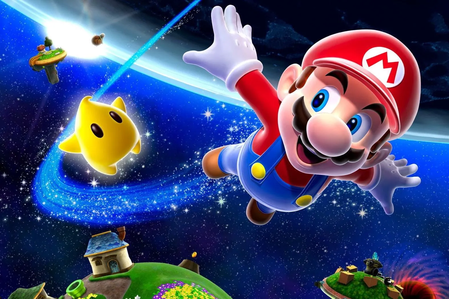 Poster của game Super Mario Galaxy với Mario và Rosalina trong không gian đầy sao, thể hiện bối cảnh vũ trụ độc đáo.