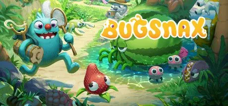 Poster game Bugsnax với những sinh vật lai bọ và đồ ăn ngộ nghĩnh, mời gọi người chơi khám phá thế giới kỳ lạ.