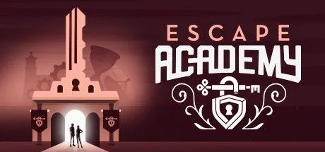 Poster game Escape Academy với các học viên đang giải mã câu đố trong một phòng thoát hiểm đầy thử thách.