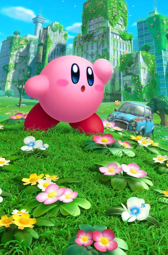Poster game Kirby and the Forgotten Land với Kirby và Bandana Waddle Dee trong thế giới hậu tận thế đầy màu sắc.