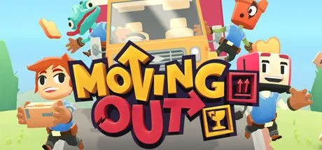 Poster game Moving Out với các nhân vật hoạt hình đang chật vật di chuyển đồ đạc giữa không gian hỗn loạn.