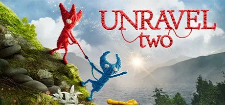 Poster game Unravel Two với hai nhân vật sợi Yarny màu đỏ và xanh đang kết nối, tượng trưng cho sự hợp tác.