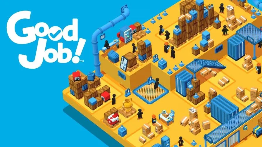 Poster quảng cáo tựa game Good Job! trên Nintendo Switch với hình ảnh hai nhân vật đang gây hỗn loạn trong văn phòng.