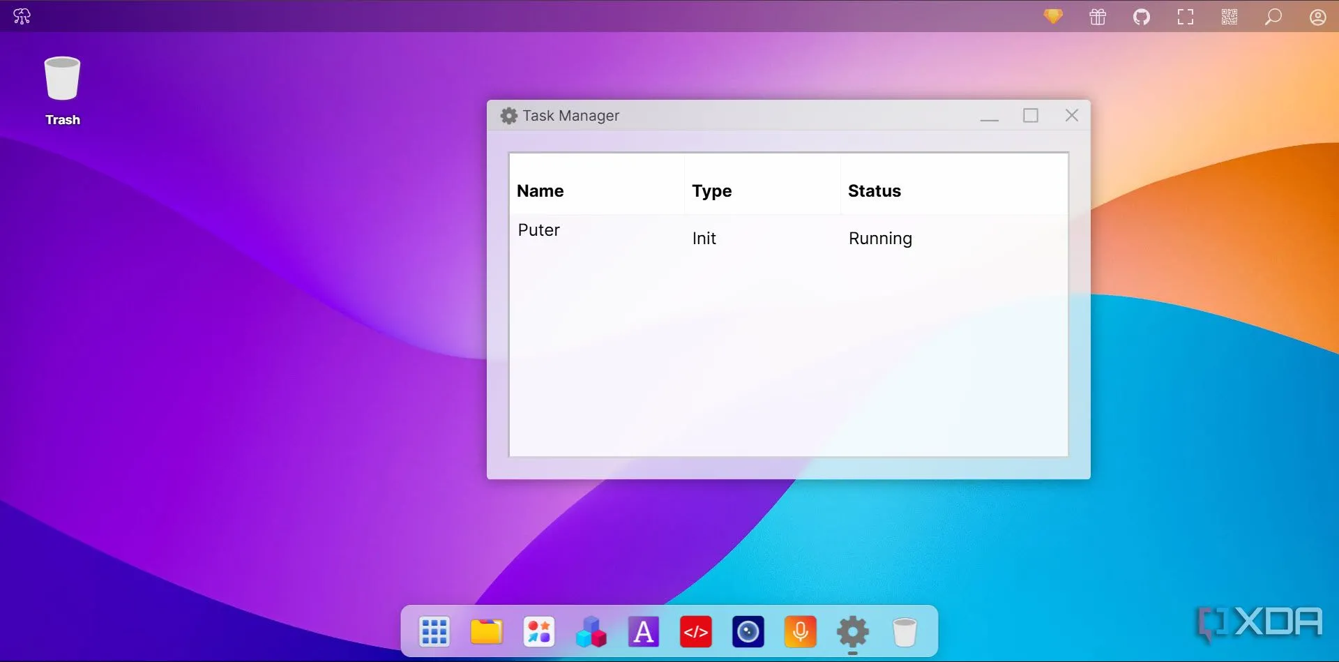 Puter Task Manager hiển thị danh sách các ứng dụng đang chạy và tài nguyên hệ thống, tương tự như Task Manager trên các hệ điều hành truyền thống.