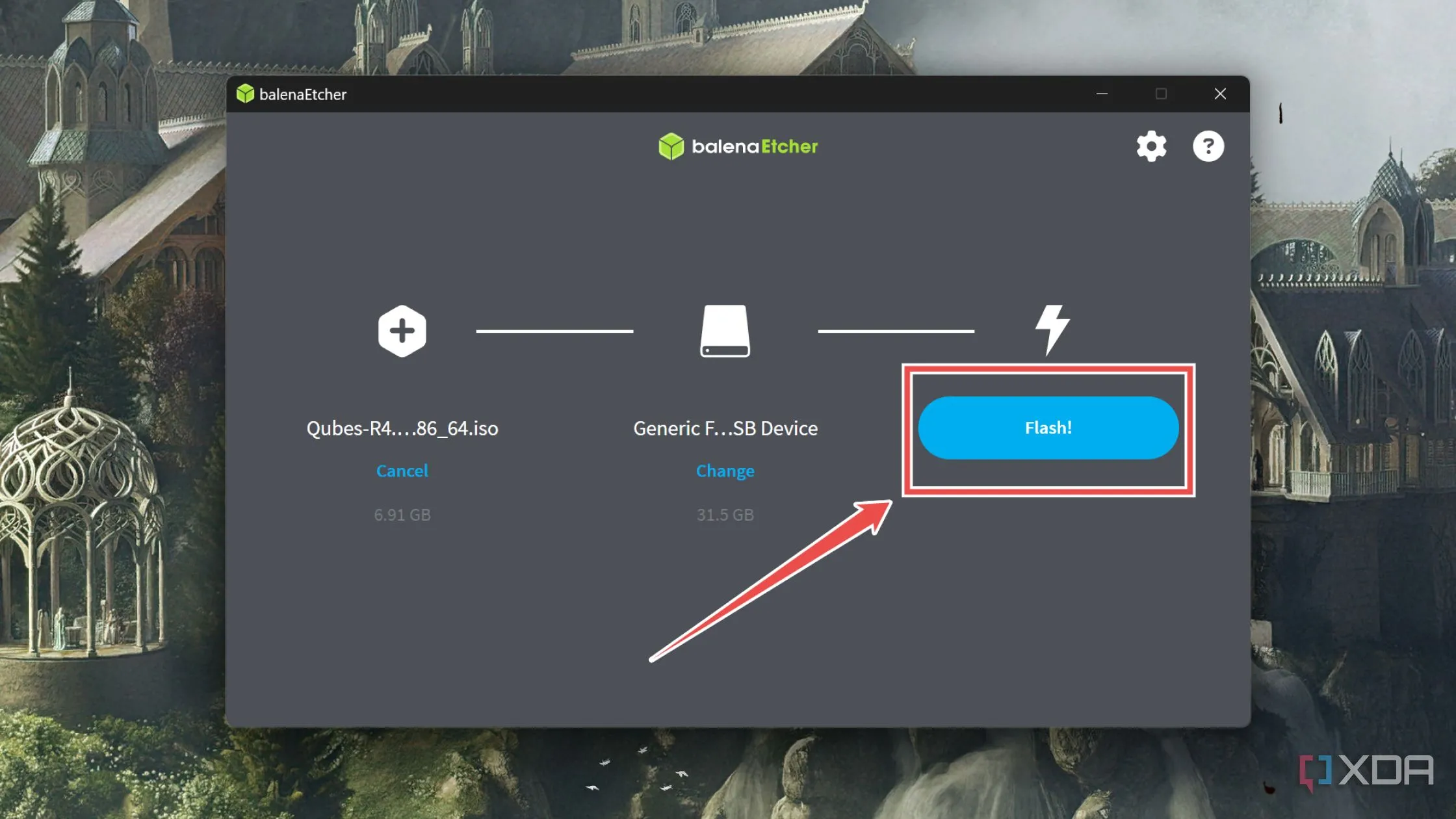 Quá trình ghi file ISO Qubes OS lên USB bằng Balena Etcher đang diễn ra.