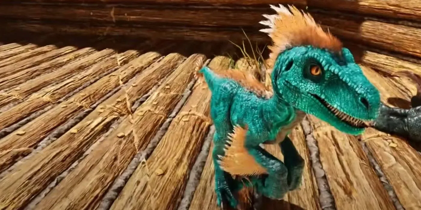 Raptor con màu xanh lam với những điểm nhấn màu cam trong Ark Survival Ascended