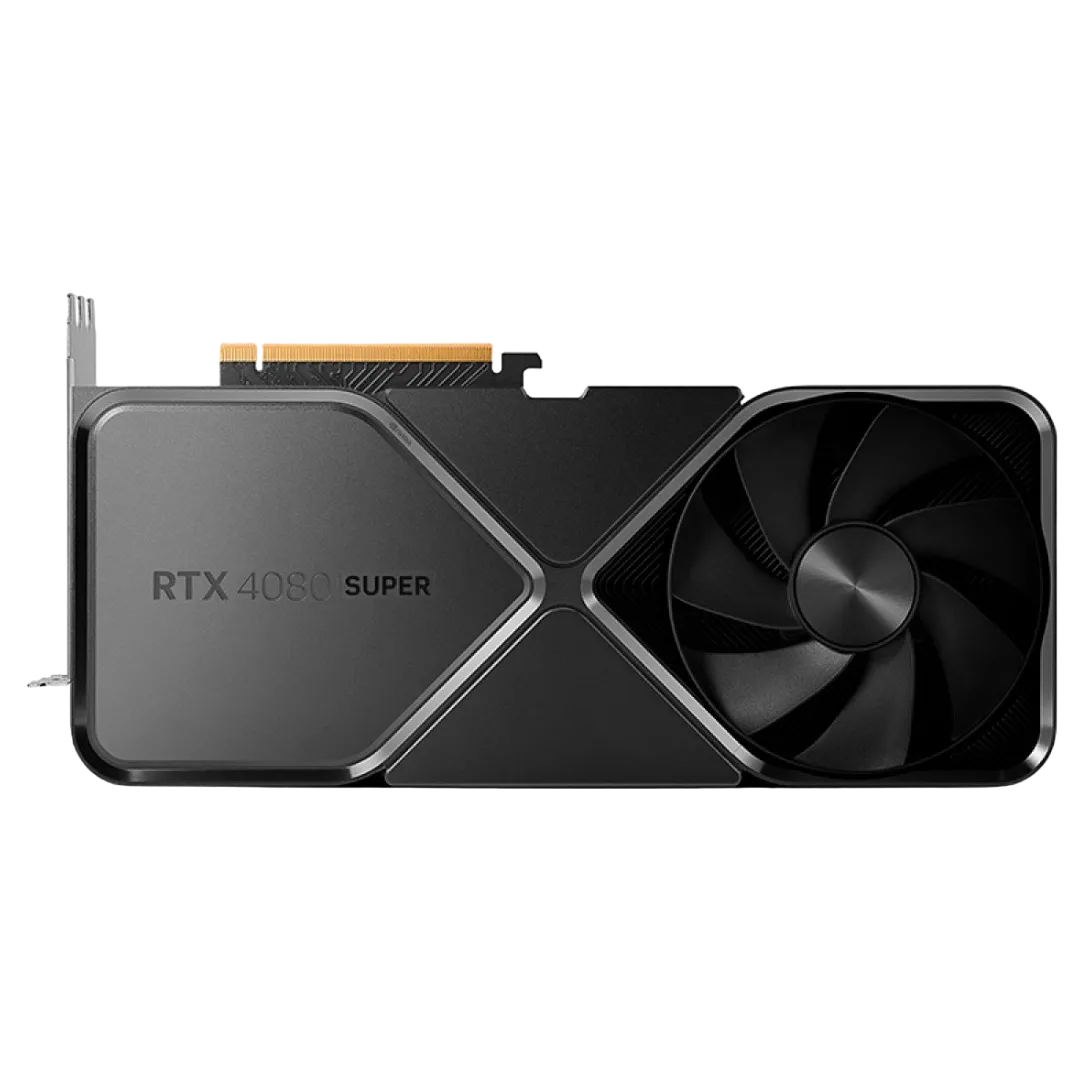 Render 3D của card đồ họa Nvidia GeForce RTX 4080 Super Founders Edition từ góc nhìn phía trên, nổi bật thiết kế cao cấp