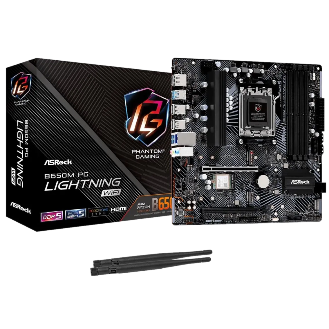 Render bo mạch chủ ASRock B650M PG Lightning WiFi màu đen cùng hộp sản phẩm, thể hiện một lựa chọn mainboard tầm trung với nhiều tính năng và giúp tối ưu chi phí build PC.