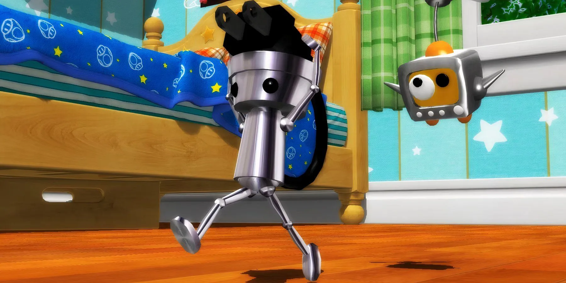 Robot nhỏ Chibi-Robo đứng giữa một phòng khách bừa bộn trong trò chơi Chibi-Robo trên GameCube