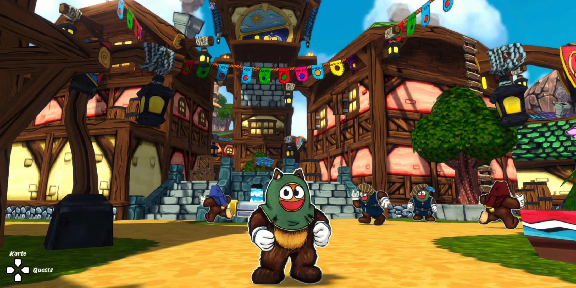Ruffy và Pip đứng trước thị trấn Riverside trong game platformer 3D