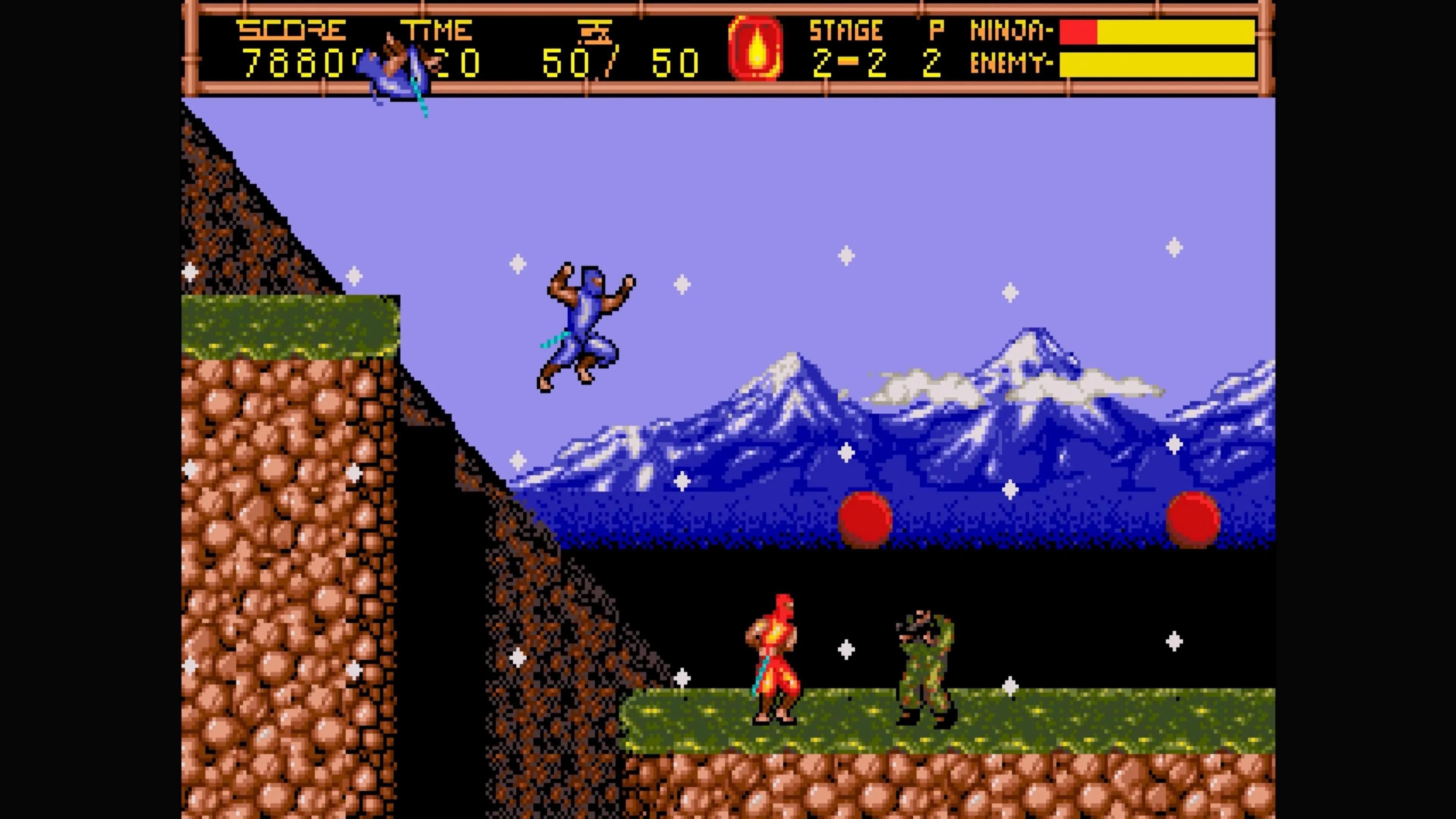 Ryu Hayabusa nhảy qua vực thẳm trong một màn chơi của Ninja Gaiden II trên NES
