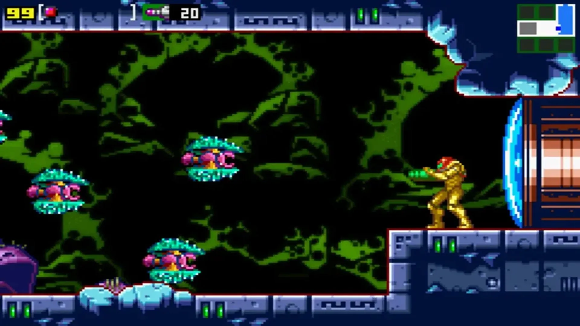Samus Aran trong Power Suit trong một cảnh gameplay từ Metroid: Zero Mission, tái hiện bản gốc với đồ họa Game Boy Advance cải tiến.