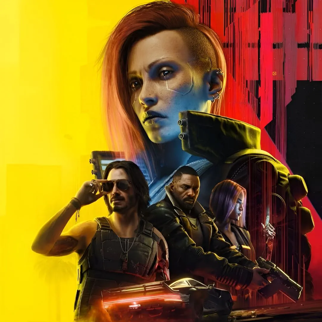 Sản phẩm bìa game Cyberpunk 2077: Ultimate Edition, có hình nhân vật chính V đang nhìn về phía trước với ánh đèn neon phản chiếu