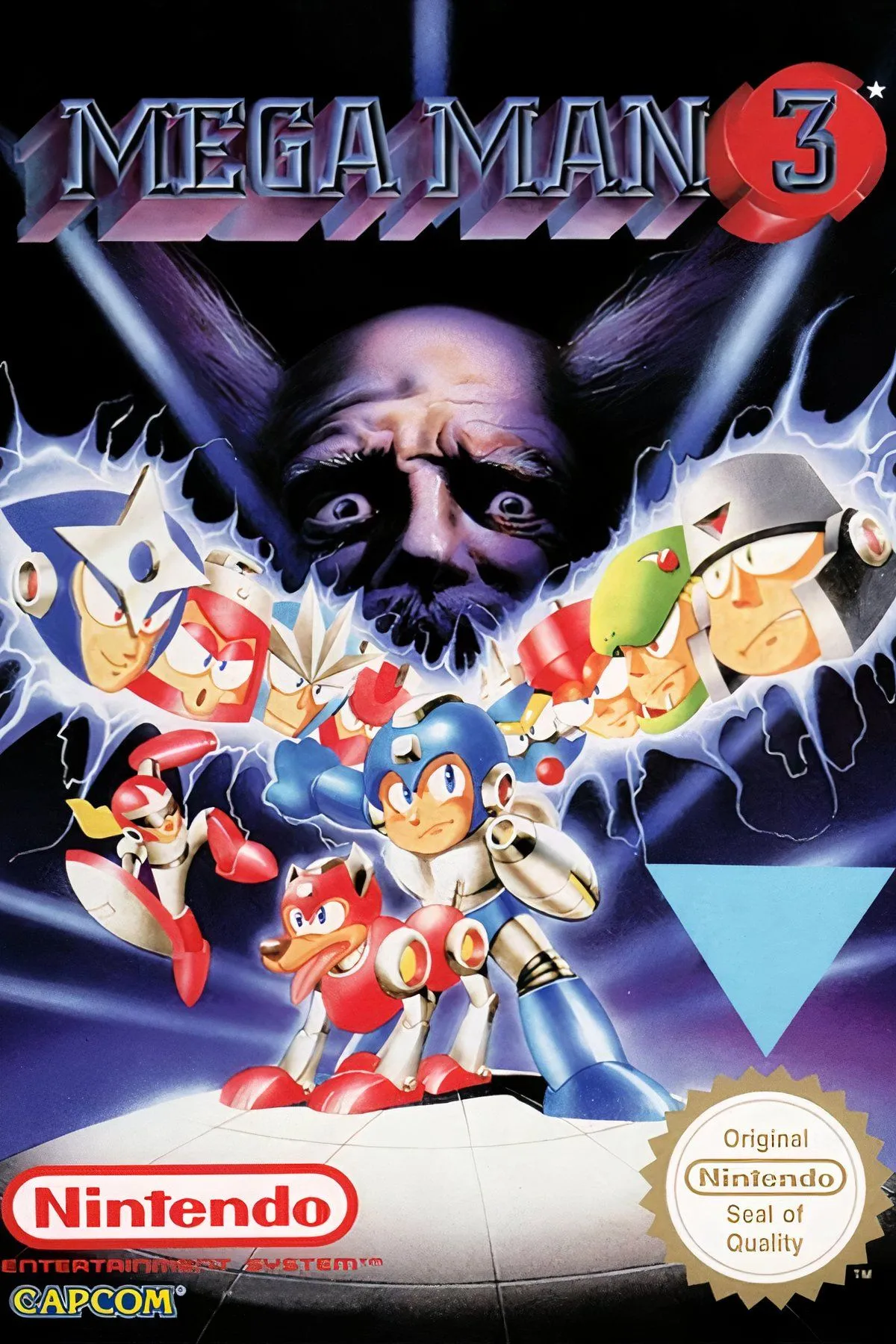 Screenshot nhân vật Mega Man đối đầu với robot boss trong game Mega Man 3 trên máy Nintendo Entertainment System.