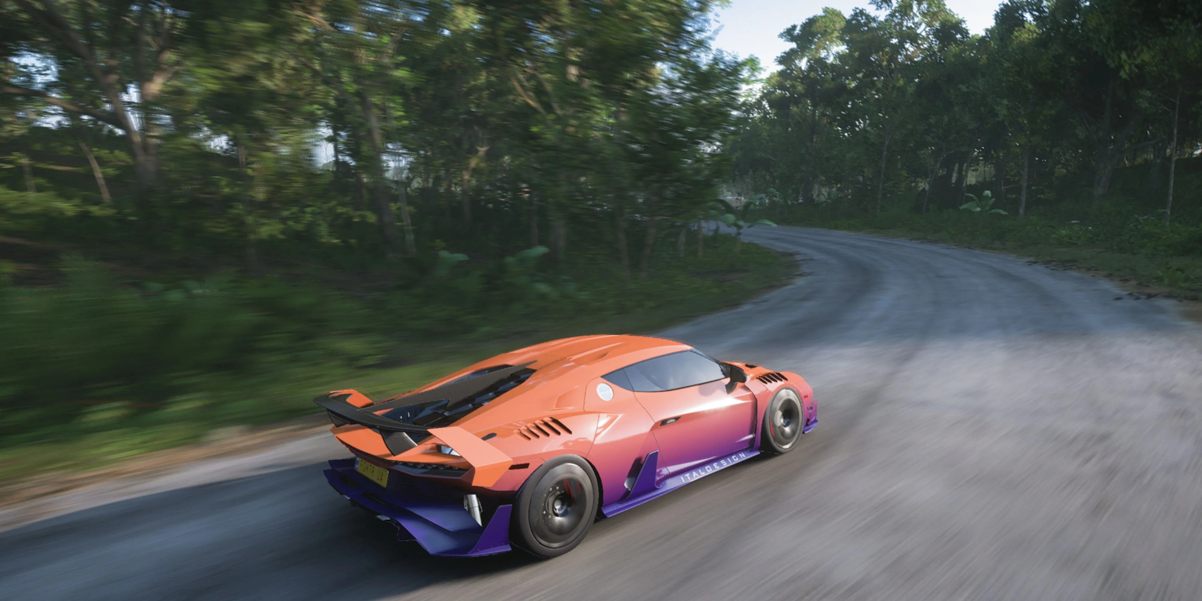 Siêu xe Italdesign Zerouno màu xanh lam trong Forza Horizon 5 di chuyển tốc độ cao qua sa mạc Mexico