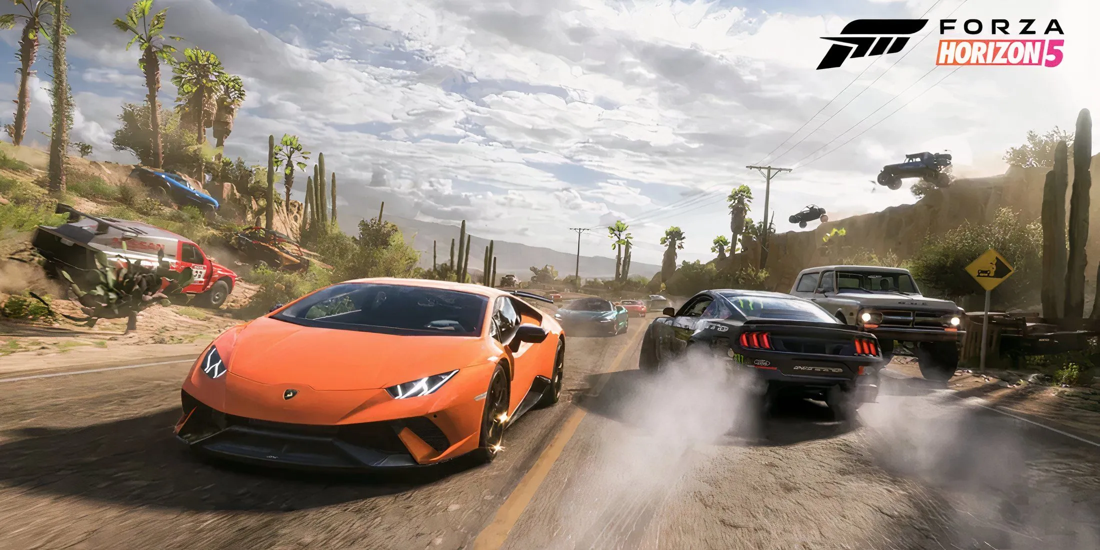 Siêu xe thể thao màu cam Ferrari trong game Forza Horizon 5 trên đường phố Mexico
