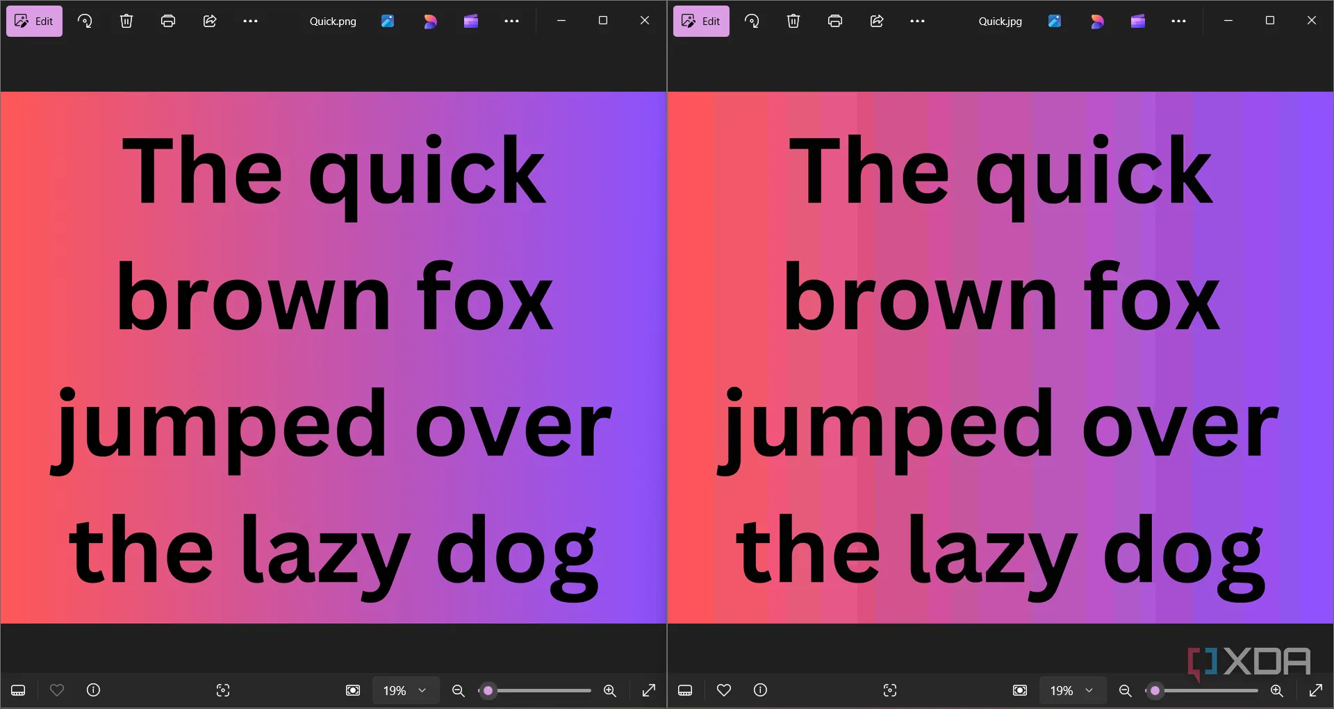 So sánh ảnh cùng một dải màu gradient ở định dạng PNG và JPG, minh họa hiện tượng phân dải màu trên JPG.