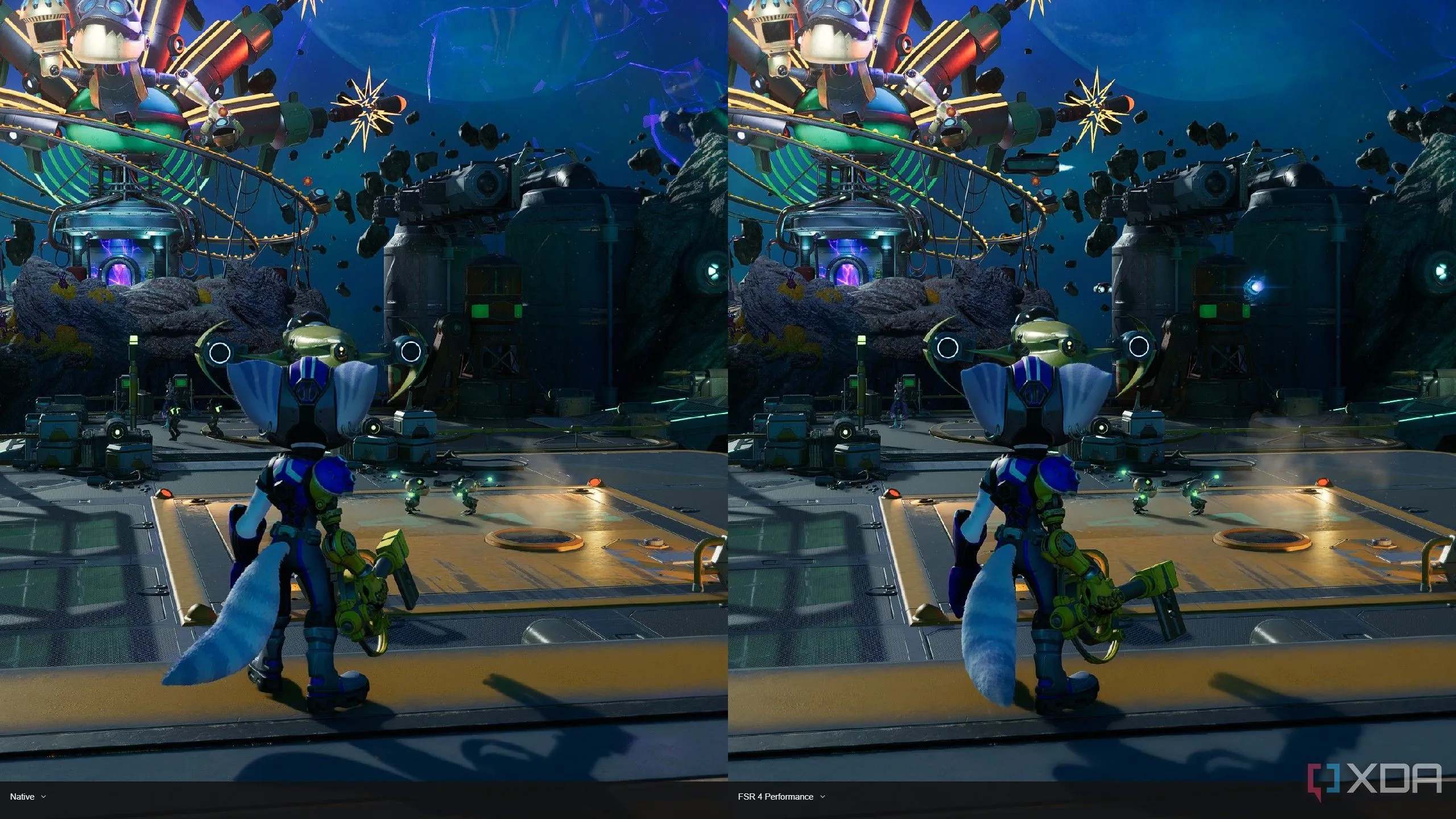 So sánh chất lượng hình ảnh giữa chế độ native (trái) và FSR 4 Performance (phải) trong game Ratchet and Clank: Rift Apart trên RDNA 3