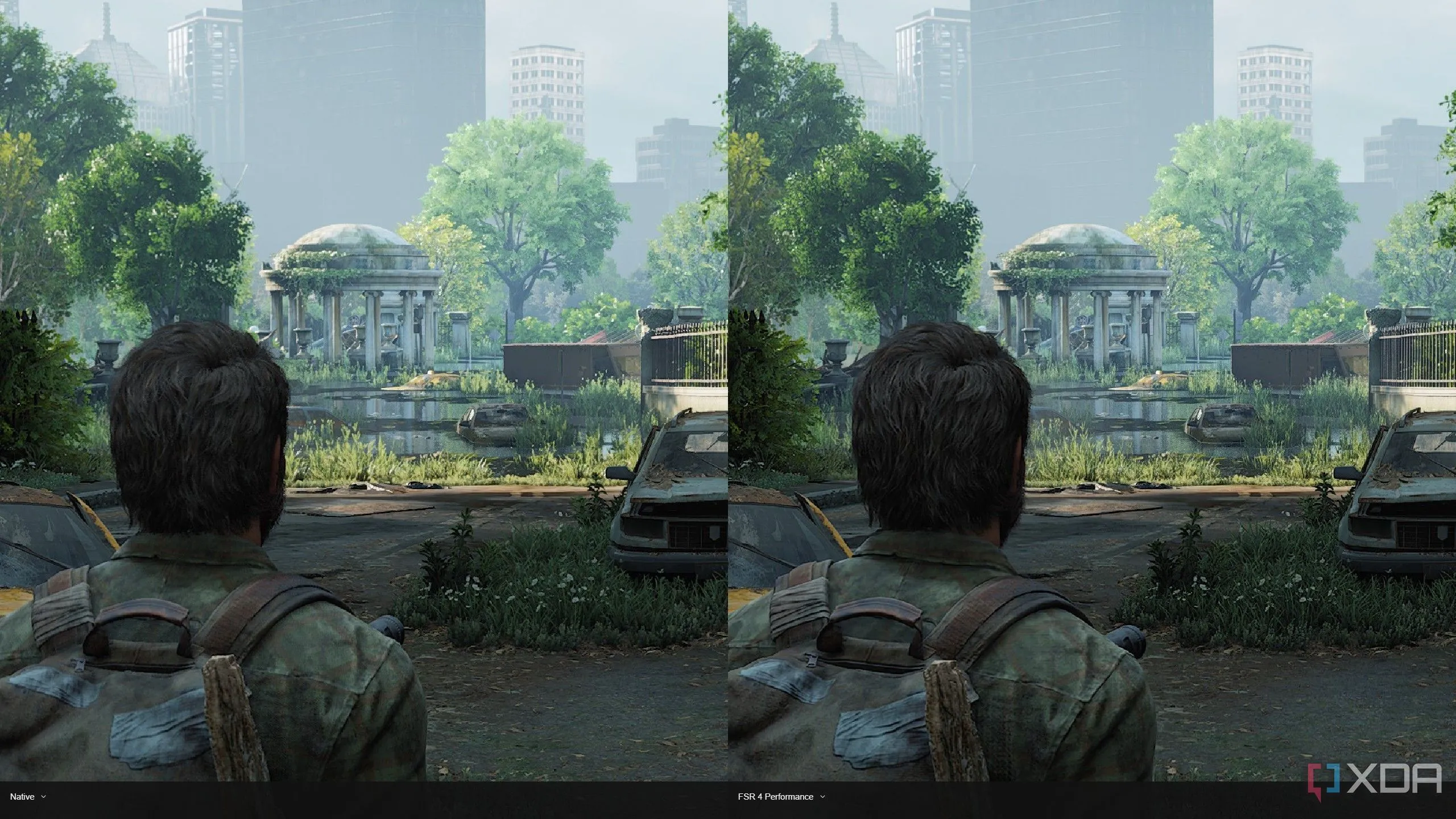 So sánh chi tiết hình ảnh với FSR 4 (phải) và native (trái) trong The Last of Us Part One, thể hiện sự cải thiện ở các chi tiết nhỏ