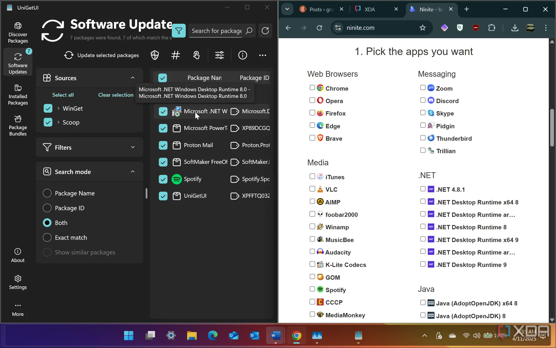 So sánh giao diện người dùng của UniGetUI và Ninite trên màn hình Windows 11 chia đôi