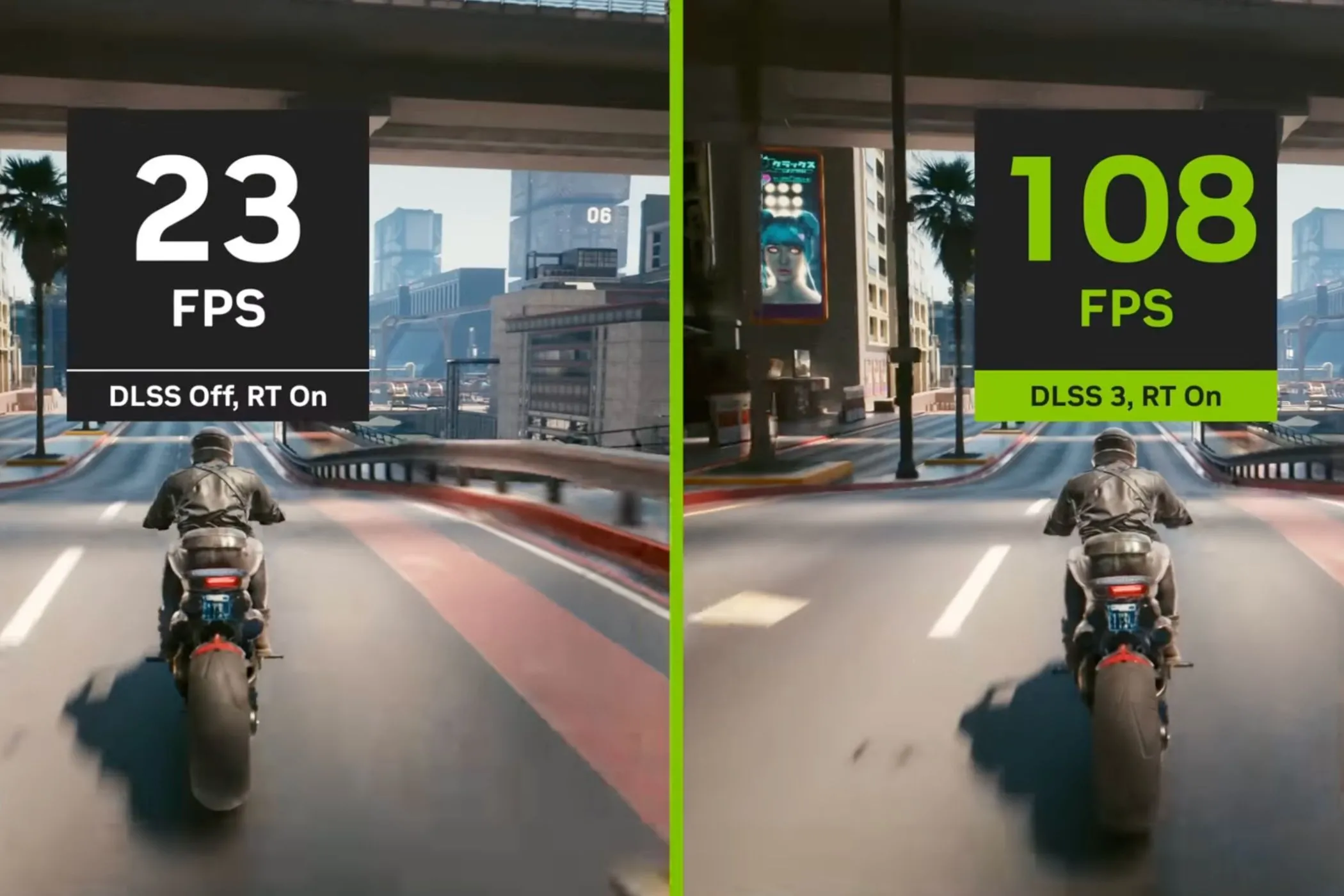 So sánh hình ảnh trong game Cyberpunk 2077 khi bật và tắt công nghệ DLSS của Nvidia.