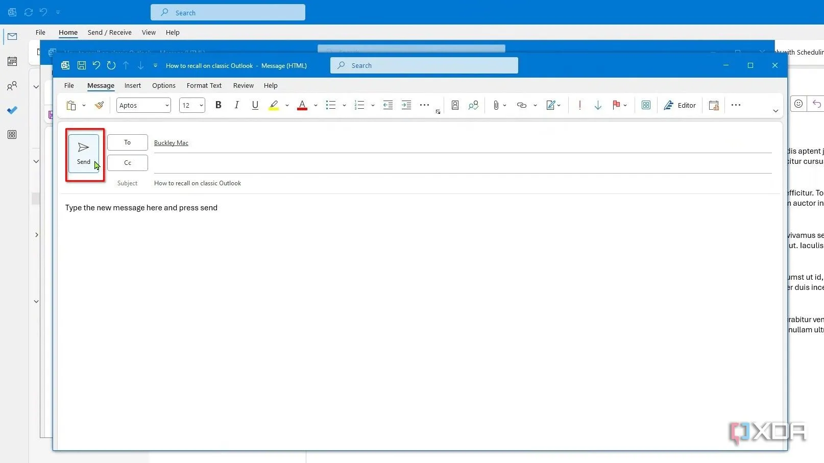 Soạn thảo tin nhắn mới để thay thế email đã thu hồi trong Classic Outlook và nhấn gửi.