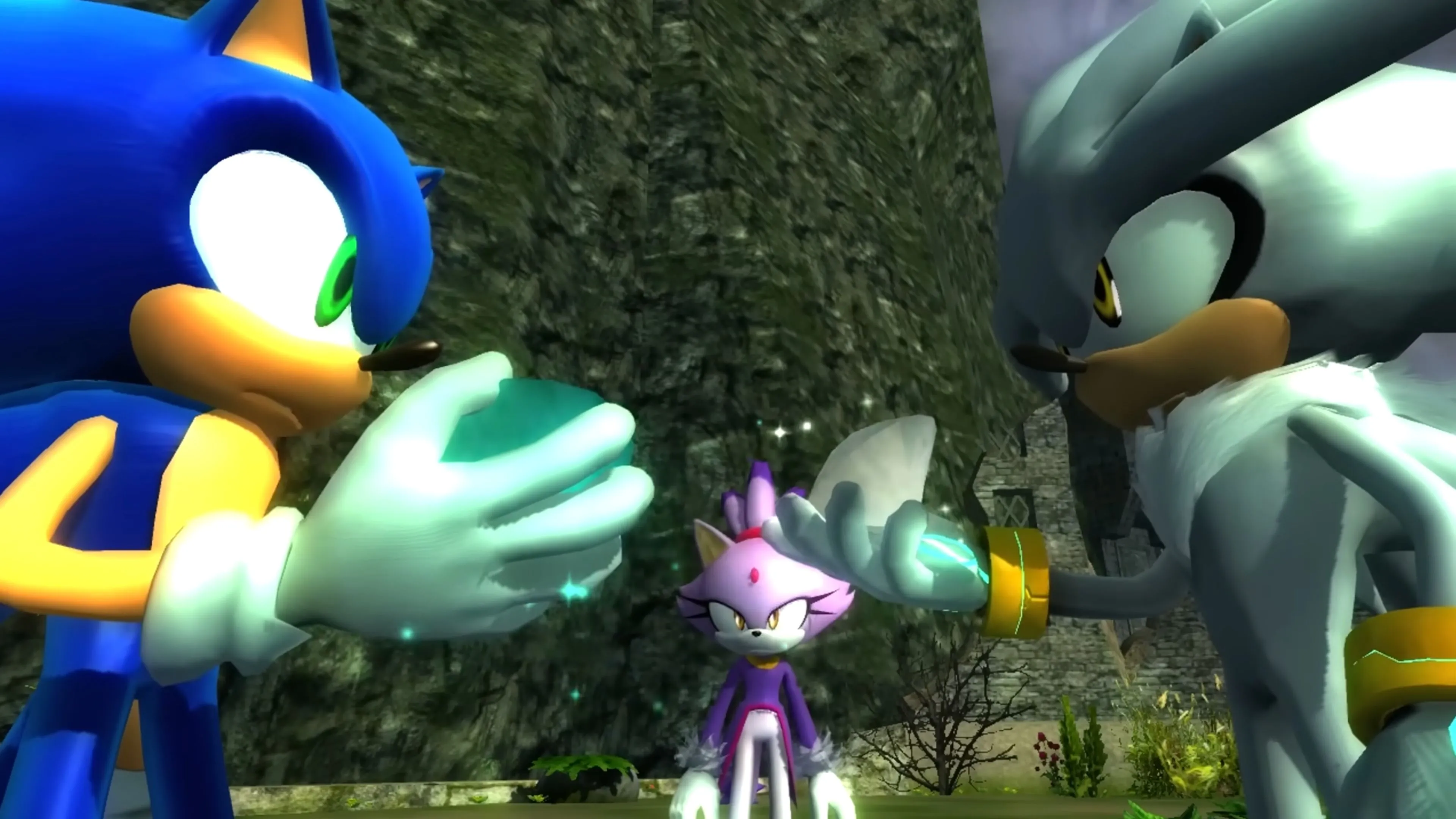 Sonic và Silver đối mặt trong một cảnh cắt từ game Sonic the Hedgehog (2006), thể hiện đồ họa và nhân vật chính.