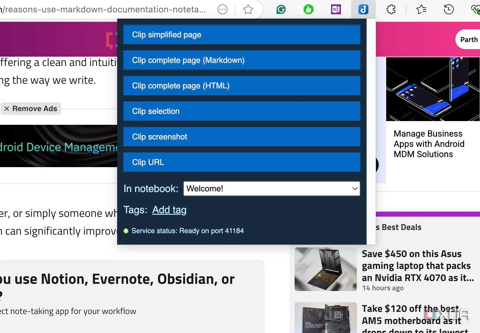 Sử dụng biểu tượng Joplin Web Clipper trên thanh công cụ trình duyệt để lưu bài viết web vào ghi chú.