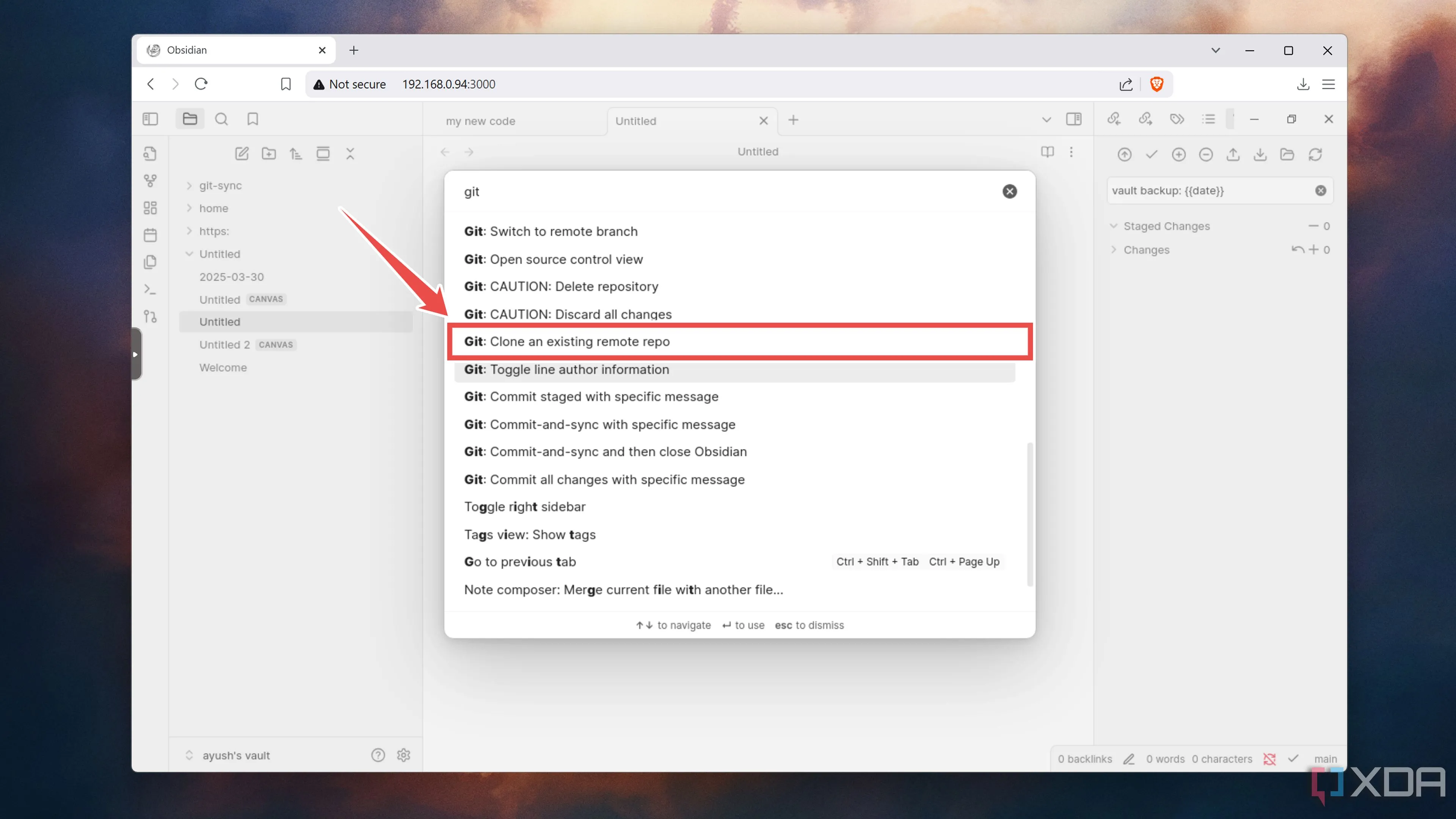 Sử dụng Command Palette để chọn lệnh Git: Clone một kho lưu trữ hiện có trong Obsidian