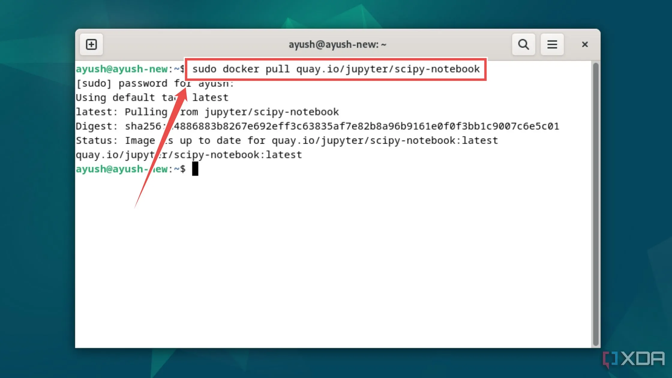 Sử dụng lệnh docker pull để tải image scipy-notebook của Jupyter Notebook từ quay.io