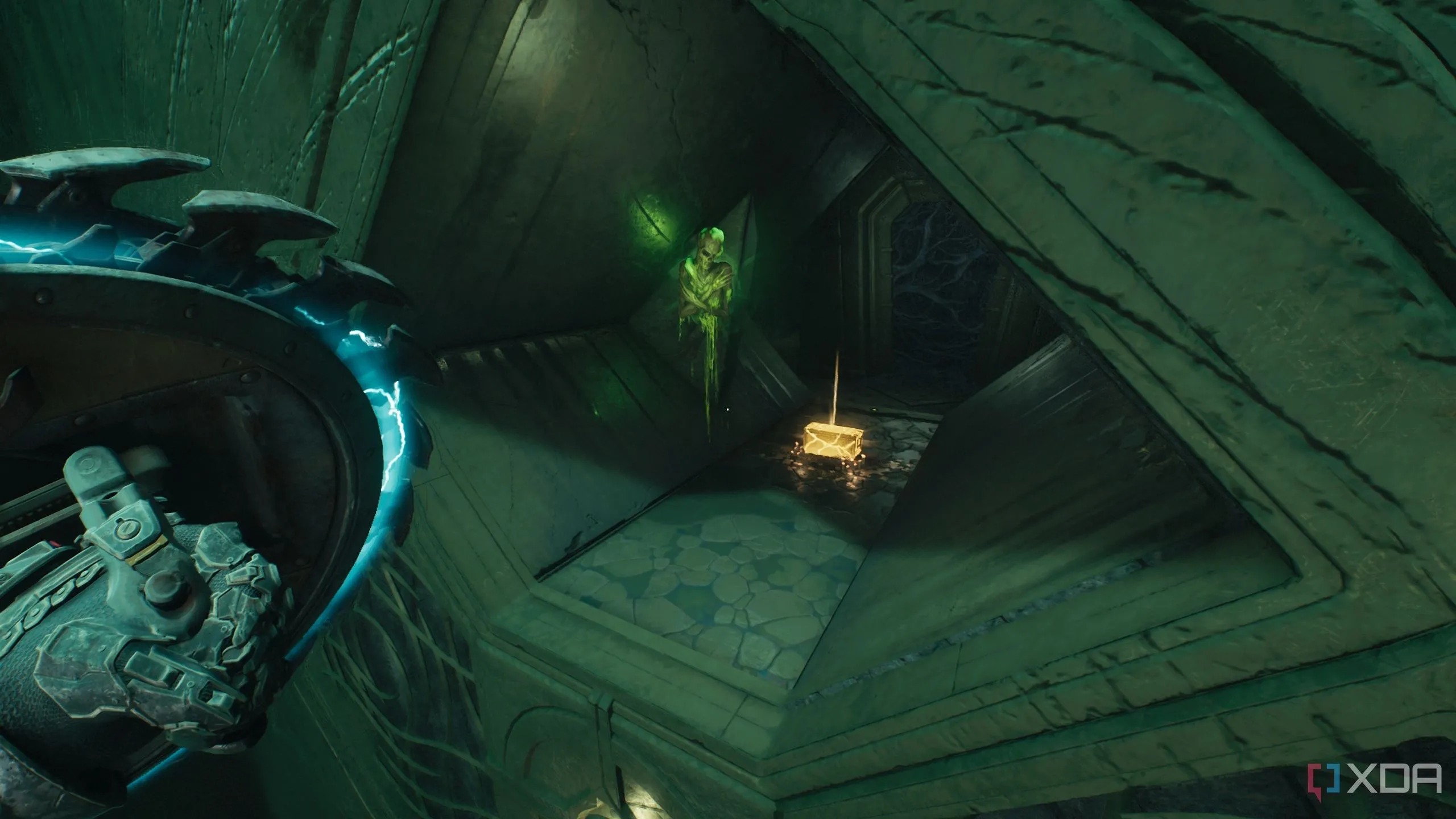 Sử dụng Shield Recall Jump để tiếp cận rương vàng trong Chương 16 Doom: The Dark Ages.