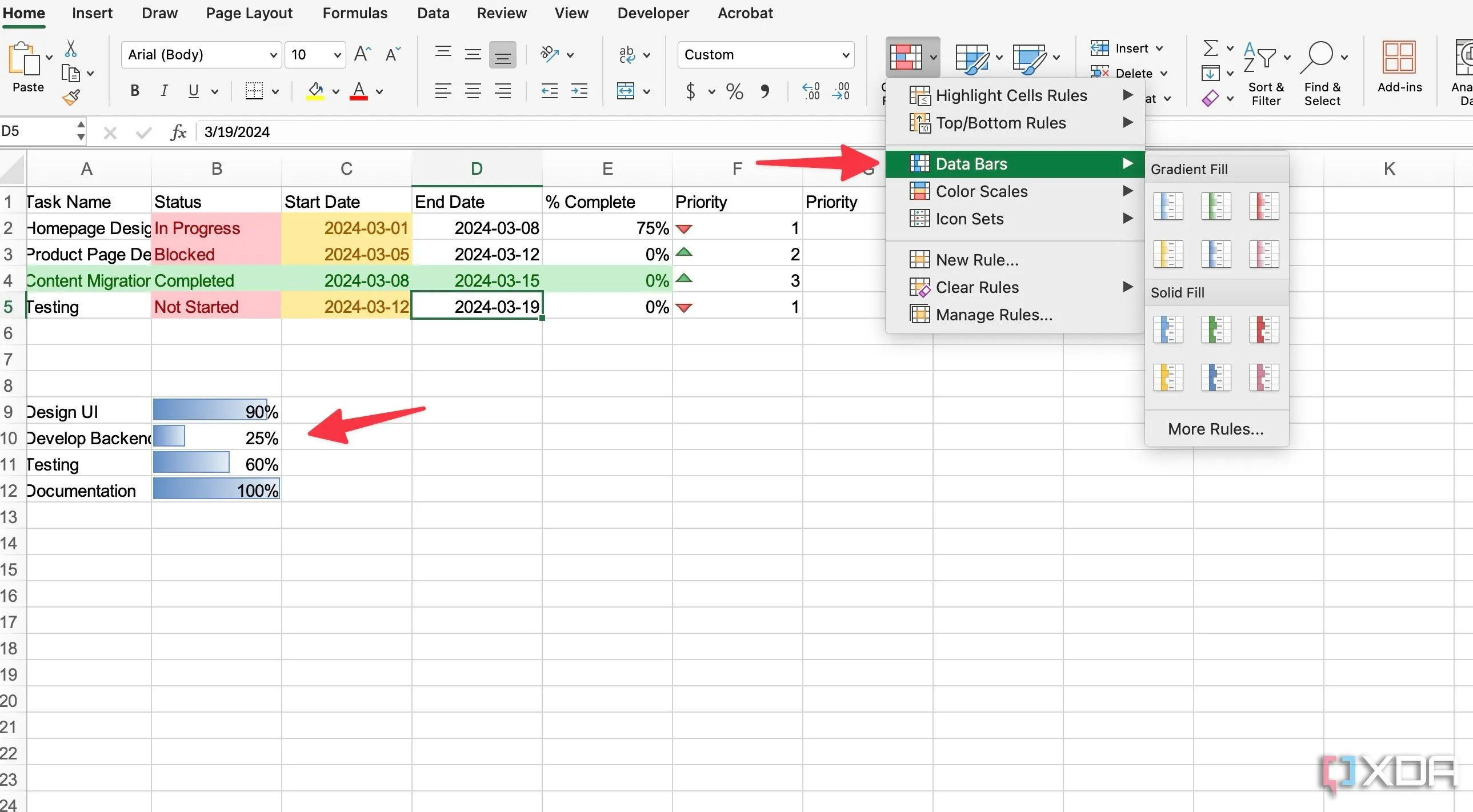 Sử dụng tính năng Data Bars trong định dạng có điều kiện Excel để tạo thanh tiến độ trực quan cho các nhiệm vụ.