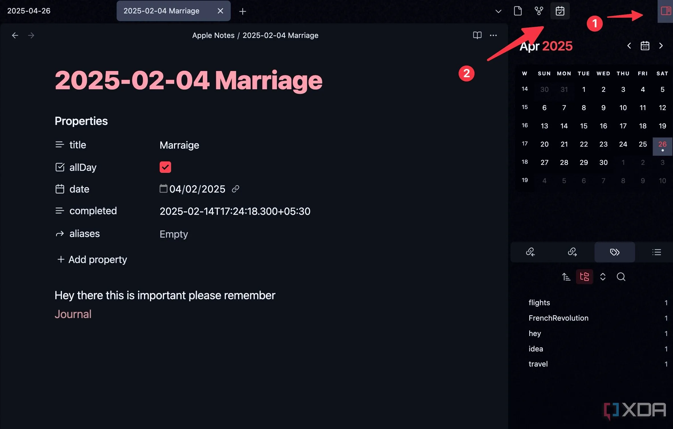 Sử dụng widget lịch trong giao diện Obsidian